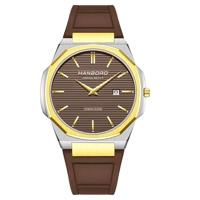 HANBORO Ultra-Thin Case Series: Gold + Silver Octagonal Bezel, Brown Striped Dial, Silicone Strap