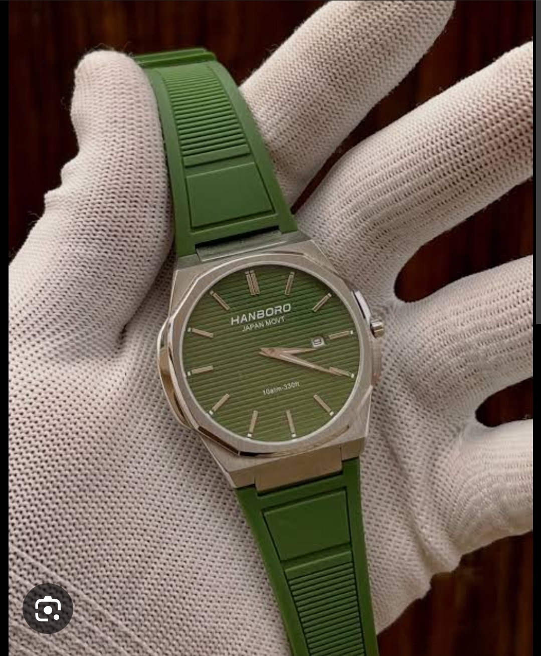 HANBORO Ultra-Thin Case Series: Gold + Silver Octagonal Bezel, Green Striped Dial, Silicone Strap (003-1HGBRBRR)