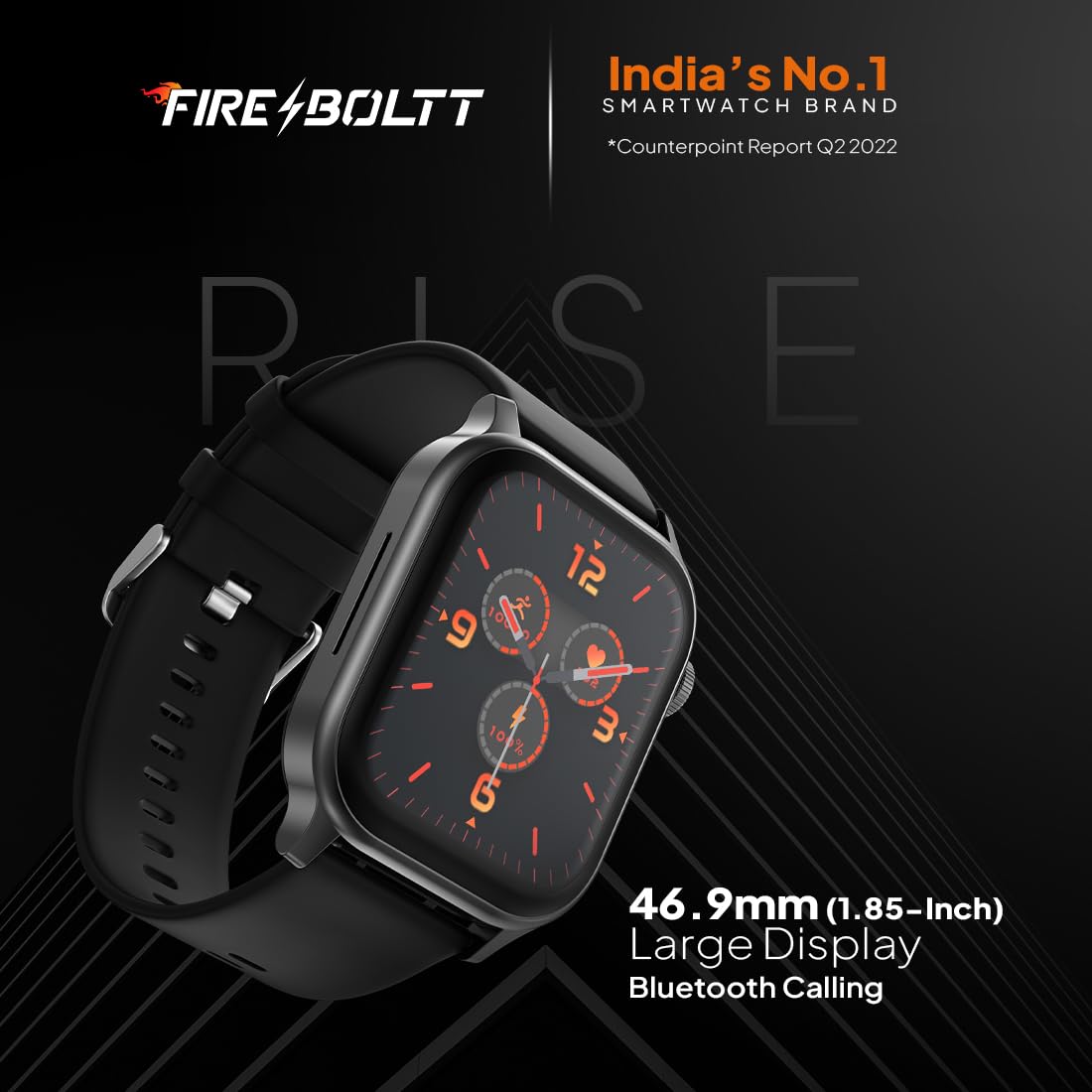 Fire‑Boltt Rise Smart Watch 1.85″ HD Display with Bluetooth Calling, AI Voice Assistant, Rotating Crown,SpO2 & Heart Rate Monitor, 120+ Sports Modes,IP67 Waterproof Smart Watch for Men & Women - Black