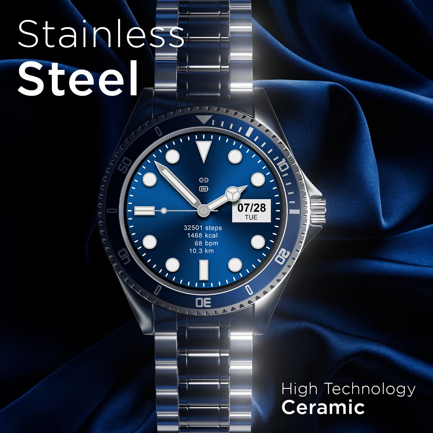 Fire-Boltt Quantum Luxury & Sporty Stainless Steel Smartwatch, 1.28" Bluetooth Calling, High Resolution of 240 * 240 Px & TWS Connection (Blue)