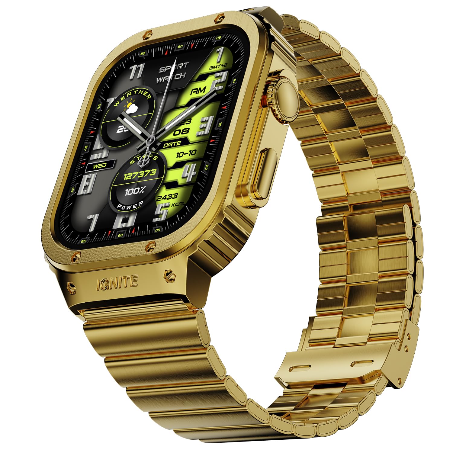 Fire-Boltt Maverick Smartwatch 51.308mm (2.02 inch) IPS Display, Luxury Stainless Steel Look, 320x385 Pixel Resolution, Bluetooth Calling, Voice Assistant (Gold)