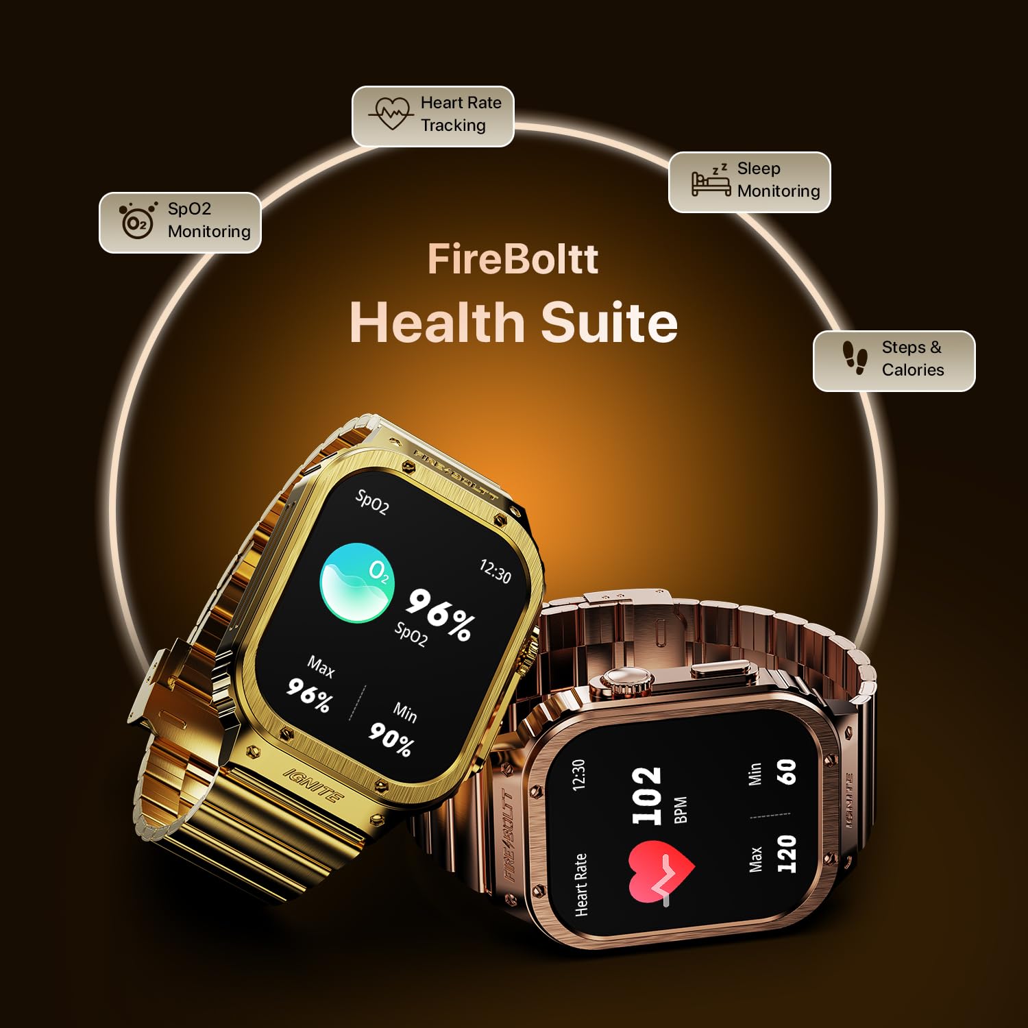 Fire-Boltt Maverick Smartwatch 51.308mm (2.02 inch) IPS Display, Luxury Stainless Steel Look, 320x385 Pixel Resolution, Bluetooth Calling, Voice Assistant (Gold)
