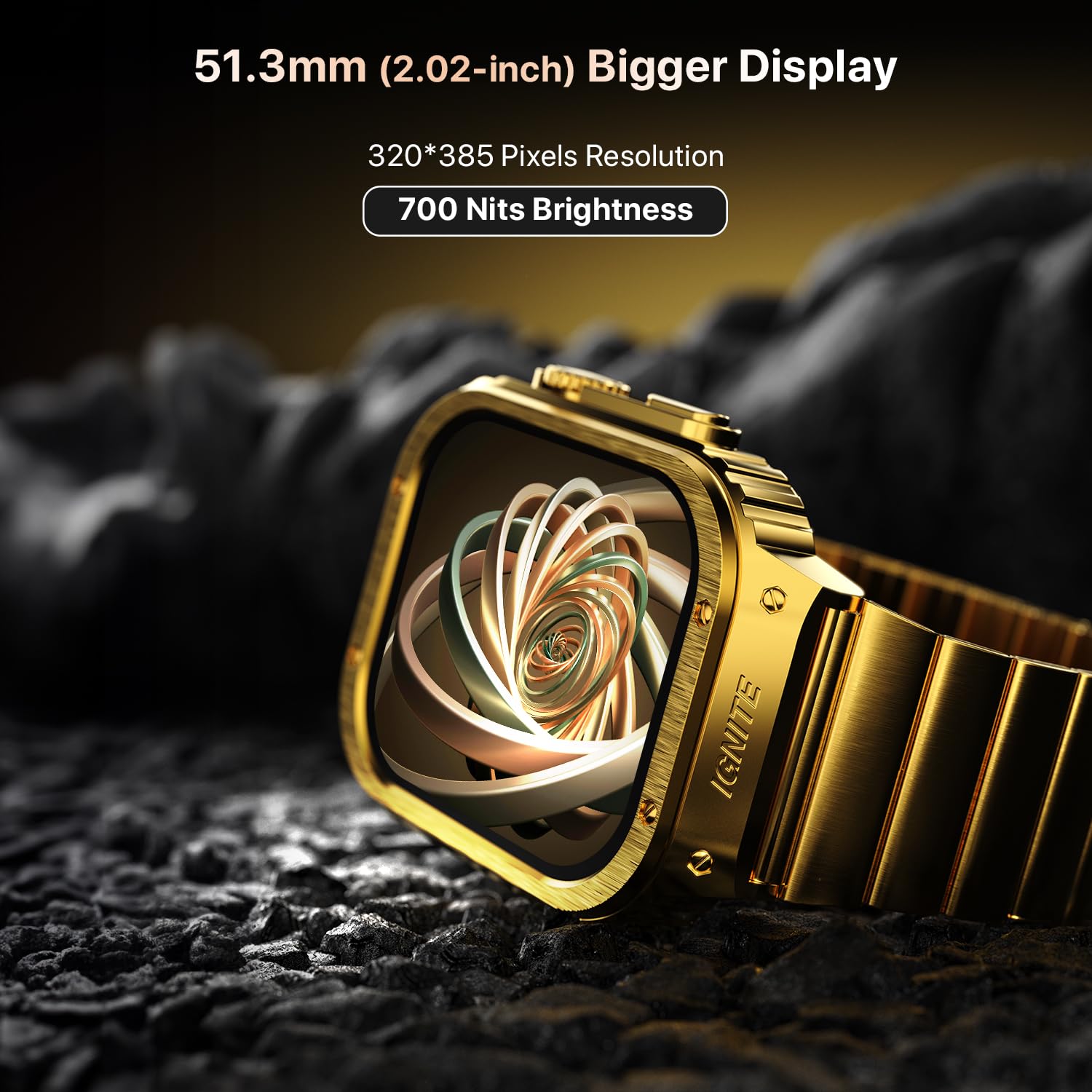 Fire-Boltt Maverick Smartwatch 51.308mm (2.02 inch) IPS Display, Luxury Stainless Steel Look, 320x385 Pixel Resolution, Bluetooth Calling, Voice Assistant (Gold)