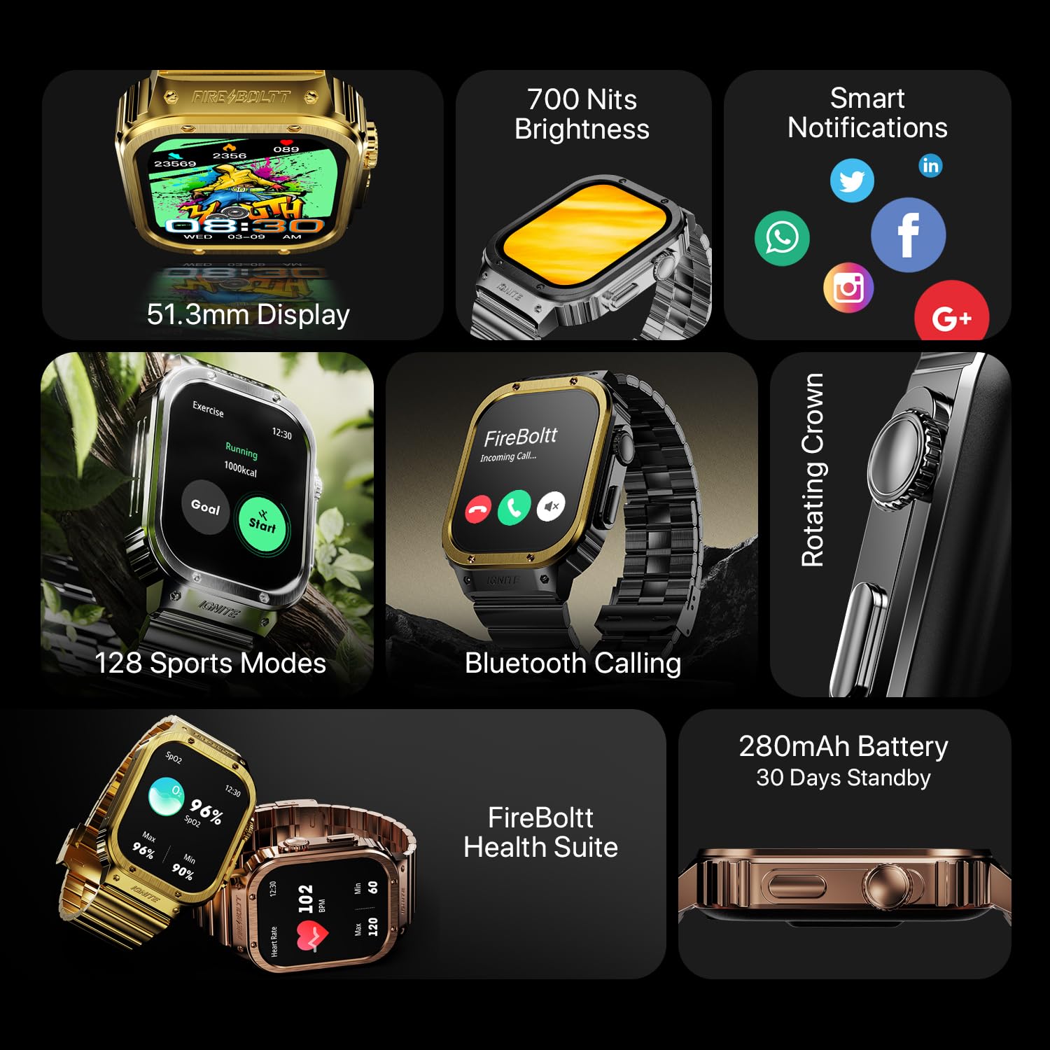 Fire-Boltt Maverick Smartwatch 51.308mm (2.02 inch) IPS Display, Luxury Stainless Steel Look, 320x385 Pixel Resolution, Bluetooth Calling, Voice Assistant (Gold)