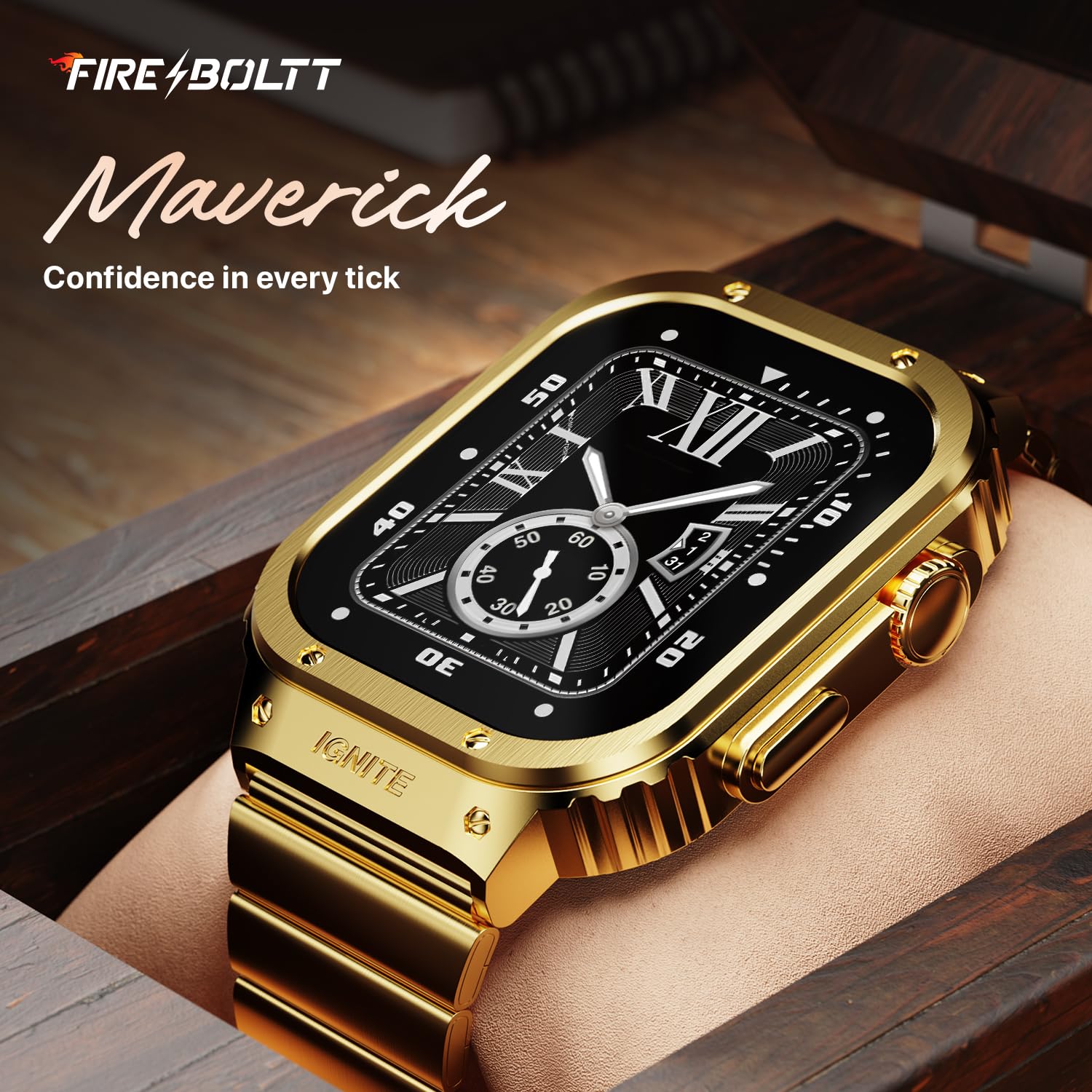Fire-Boltt Maverick Smartwatch 51.308mm (2.02 inch) IPS Display, Luxury Stainless Steel Look, 320x385 Pixel Resolution, Bluetooth Calling, Voice Assistant (Gold)