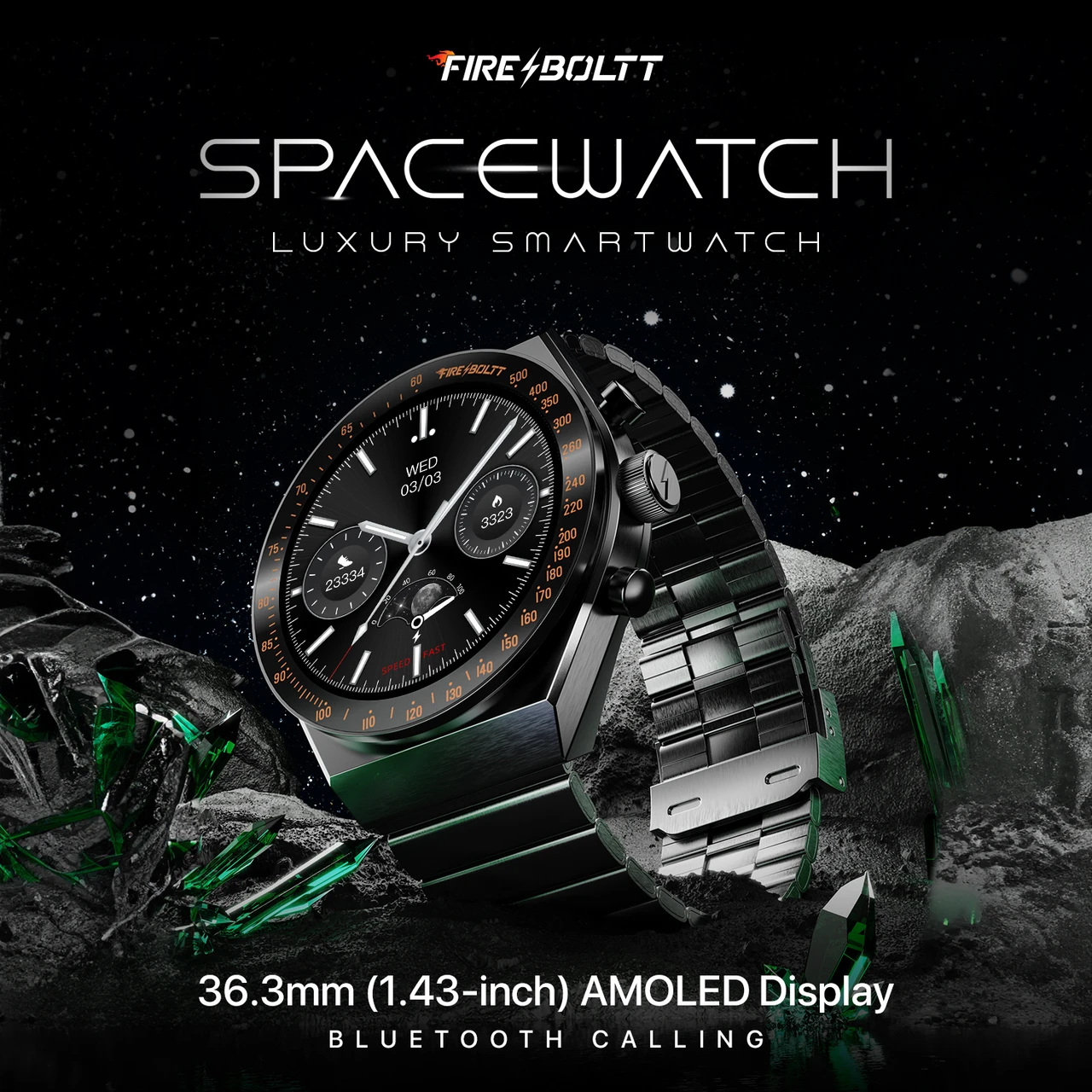 Fire-Boltt Spacewatch 36.3mm (1.43 inch) AMOLED Display, Luxury Stainless Steel, BT Calling Smartwatch (Black Strap, Free Size)