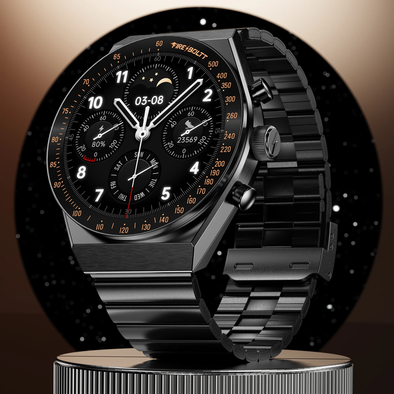 Fire-Boltt Spacewatch 36.3mm (1.43 inch) AMOLED Display, Luxury Stainless Steel, BT Calling Smartwatch (Black Strap, Free Size)