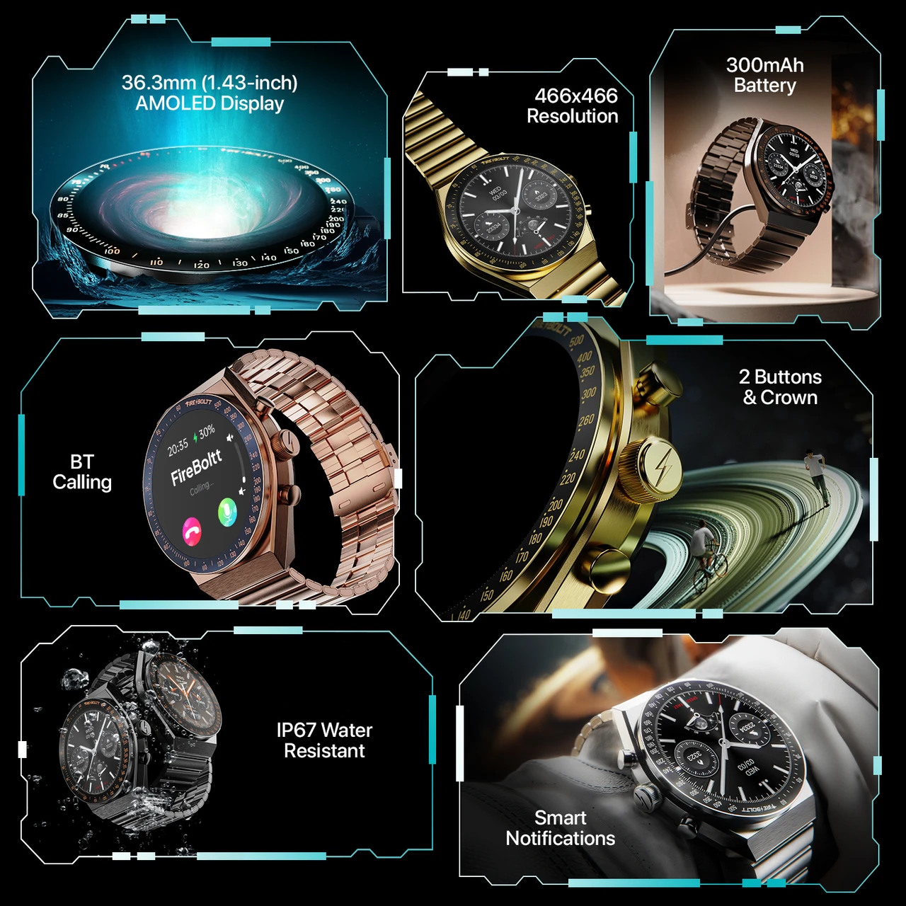 Fire-Boltt Spacewatch 36.3mm (1.43 inch) AMOLED Display, Luxury Stainless Steel, BT Calling Smartwatch (Black Strap, Free Size)