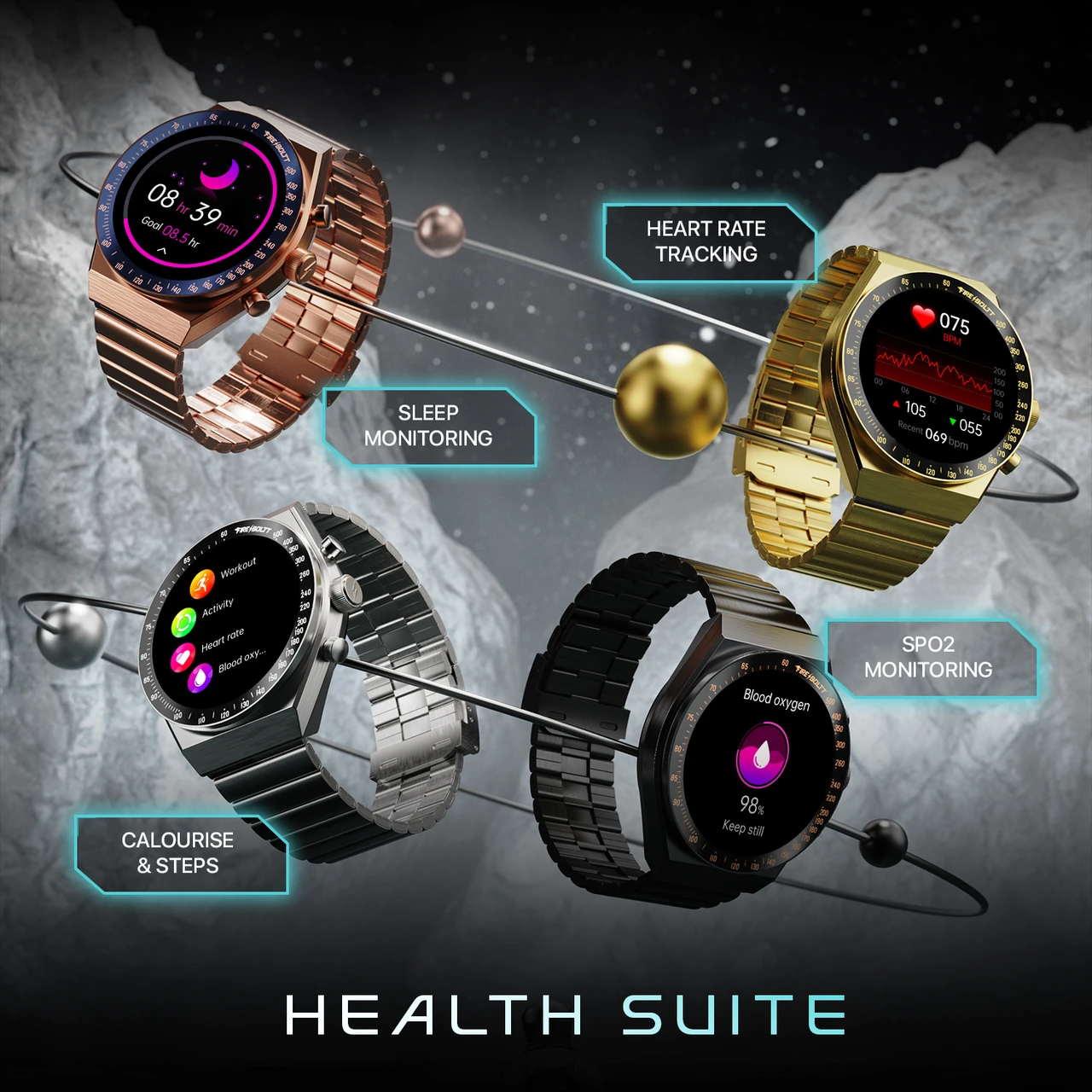 Fire-Boltt Spacewatch 36.3mm (1.43 inch) AMOLED Display, Luxury Stainless Steel, BT Calling Smartwatch (Black Strap, Free Size)