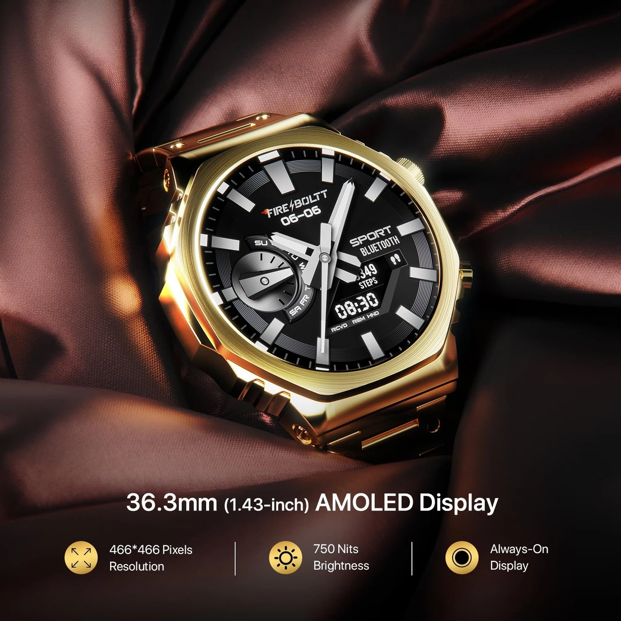 Fire-Boltt Onyx- 36.3mm AMOLED Always On Display Smart Watch, 466 * 466 High Resolution, Bluetooth Calling, Steel Design, IP67, 4GB Storage, 300+ Sports Modes, 130+ Watch Faces (Gold)