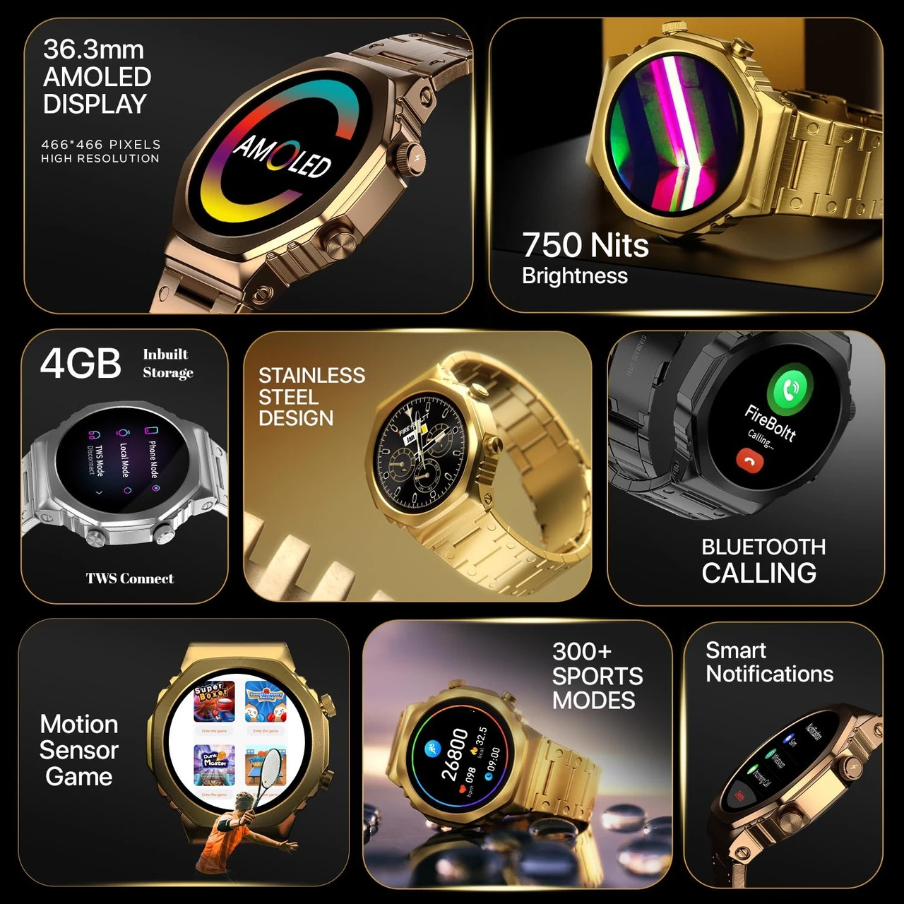 Fire-Boltt Onyx- 36.3mm AMOLED Always On Display Smart Watch, 466 * 466 High Resolution, Bluetooth Calling, Steel Design, IP67, 4GB Storage, 300+ Sports Modes, 130+ Watch Faces (Gold)