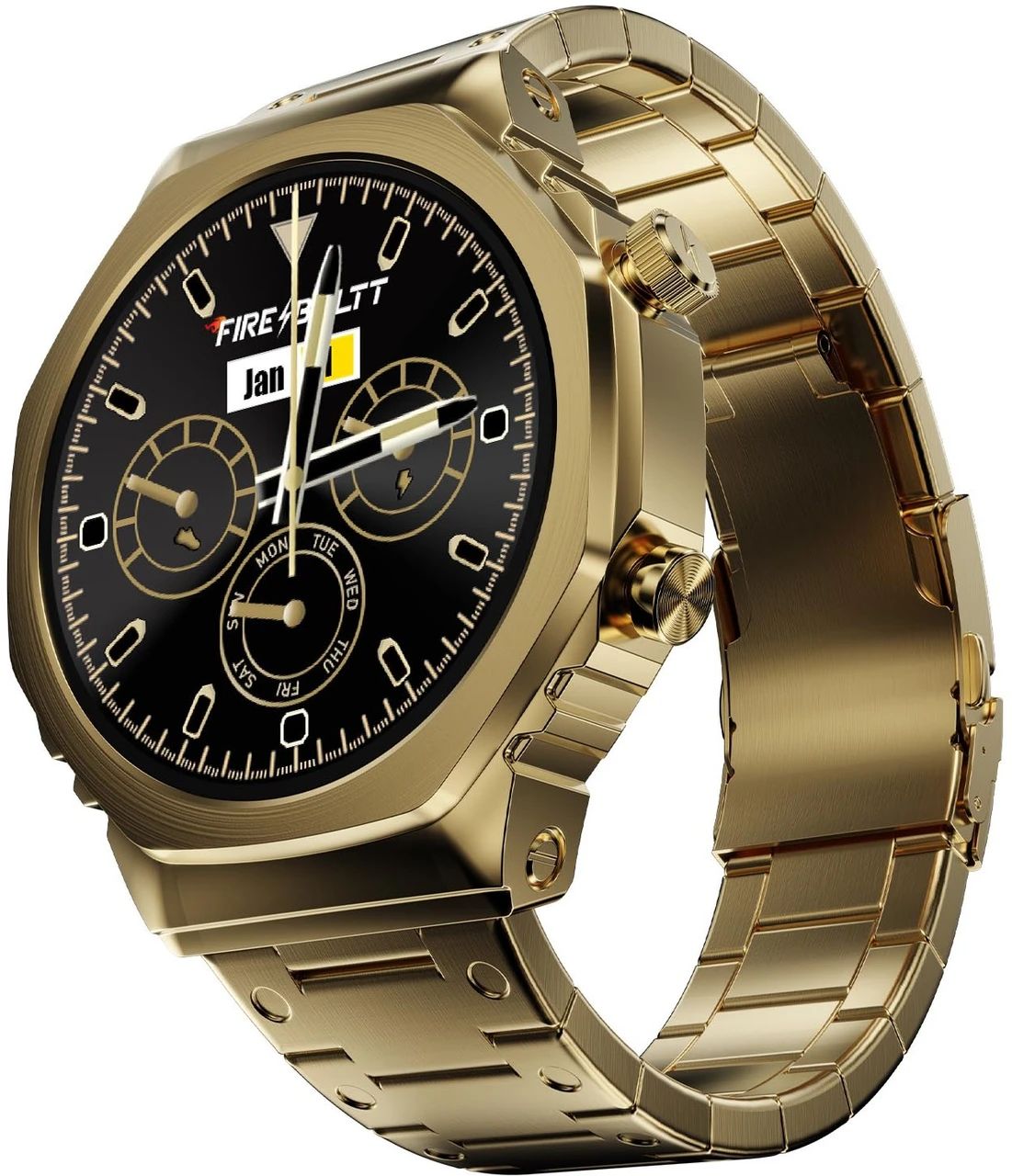 Fire-Boltt Onyx- 36.3mm AMOLED Always On Display Smart Watch, 466 * 466 High Resolution, Bluetooth Calling, Steel Design, IP67, 4GB Storage, 300+ Sports Modes, 130+ Watch Faces (Gold)