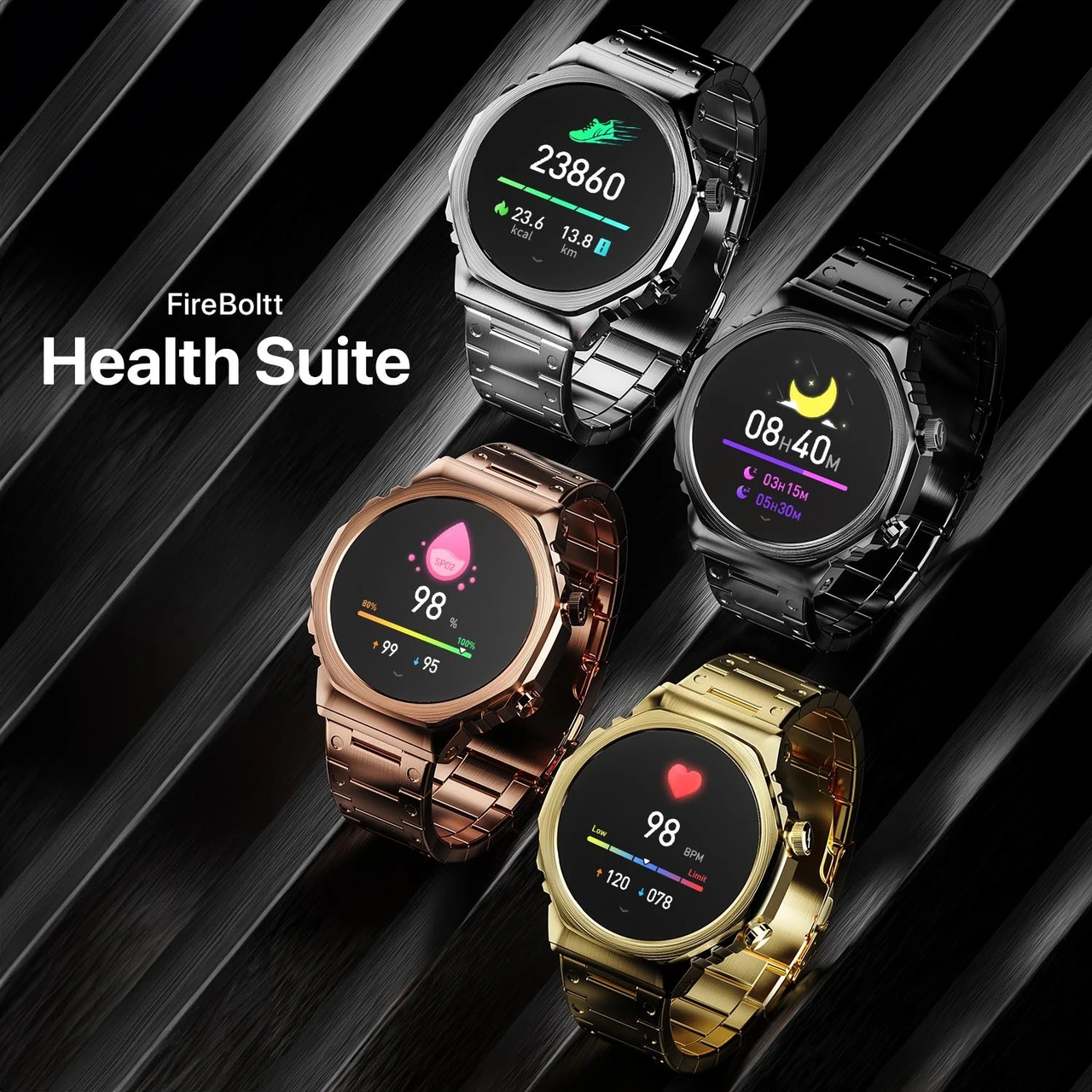 Fire-Boltt Onyx- 36.3mm AMOLED Always On Display Smart Watch, 466 * 466 High Resolution, Bluetooth Calling, Steel Design, IP67, 4GB Storage, 300+ Sports Modes, 130+ Watch Faces (Gold)