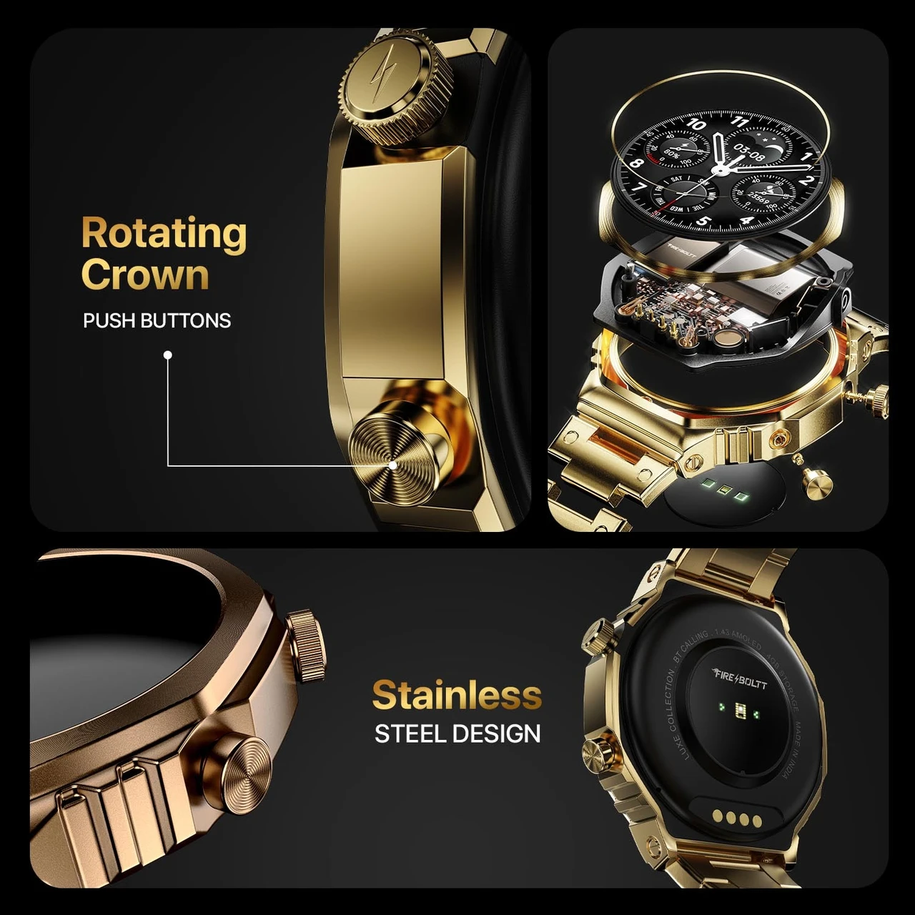 Fire-Boltt Onyx- 36.3mm AMOLED Always On Display Smart Watch, 466 * 466 High Resolution, Bluetooth Calling, Steel Design, IP67, 4GB Storage, 300+ Sports Modes, 130+ Watch Faces (Gold)