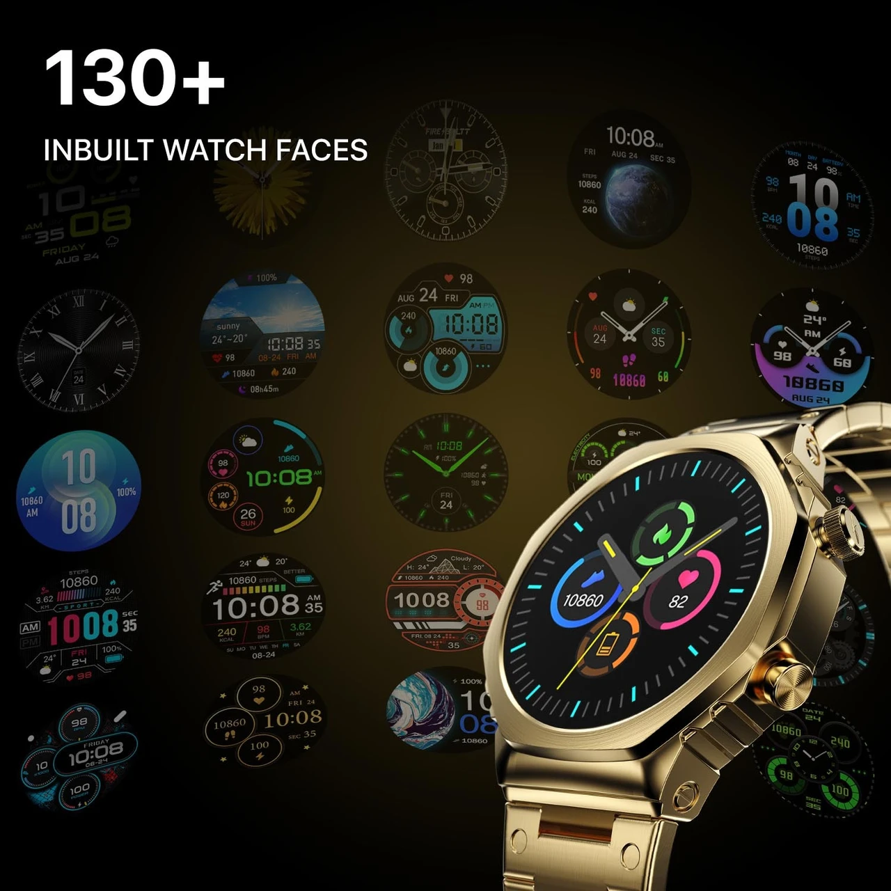 Fire-Boltt Onyx- 36.3mm AMOLED Always On Display Smart Watch, 466 * 466 High Resolution, Bluetooth Calling, Steel Design, IP67, 4GB Storage, 300+ Sports Modes, 130+ Watch Faces (Gold)