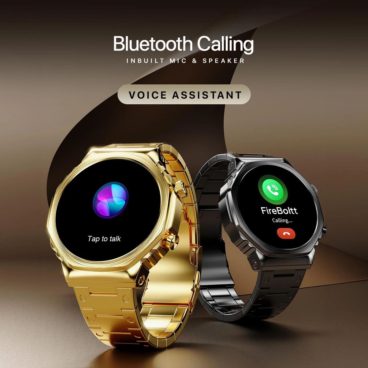 Fire-Boltt Onyx- 36.3mm AMOLED Always On Display Smart Watch, 466 * 466 High Resolution, Bluetooth Calling, Steel Design, IP67, 4GB Storage, 300+ Sports Modes, 130+ Watch Faces (Gold)