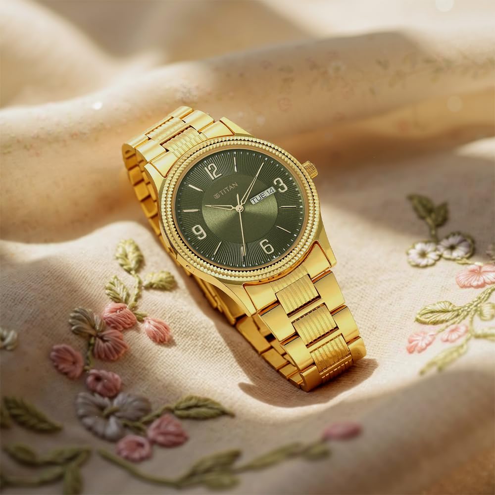 Titan Karishma Quartz Analog with Day & Date Green Dial Gold Stainless Steel Strap Watch for Men