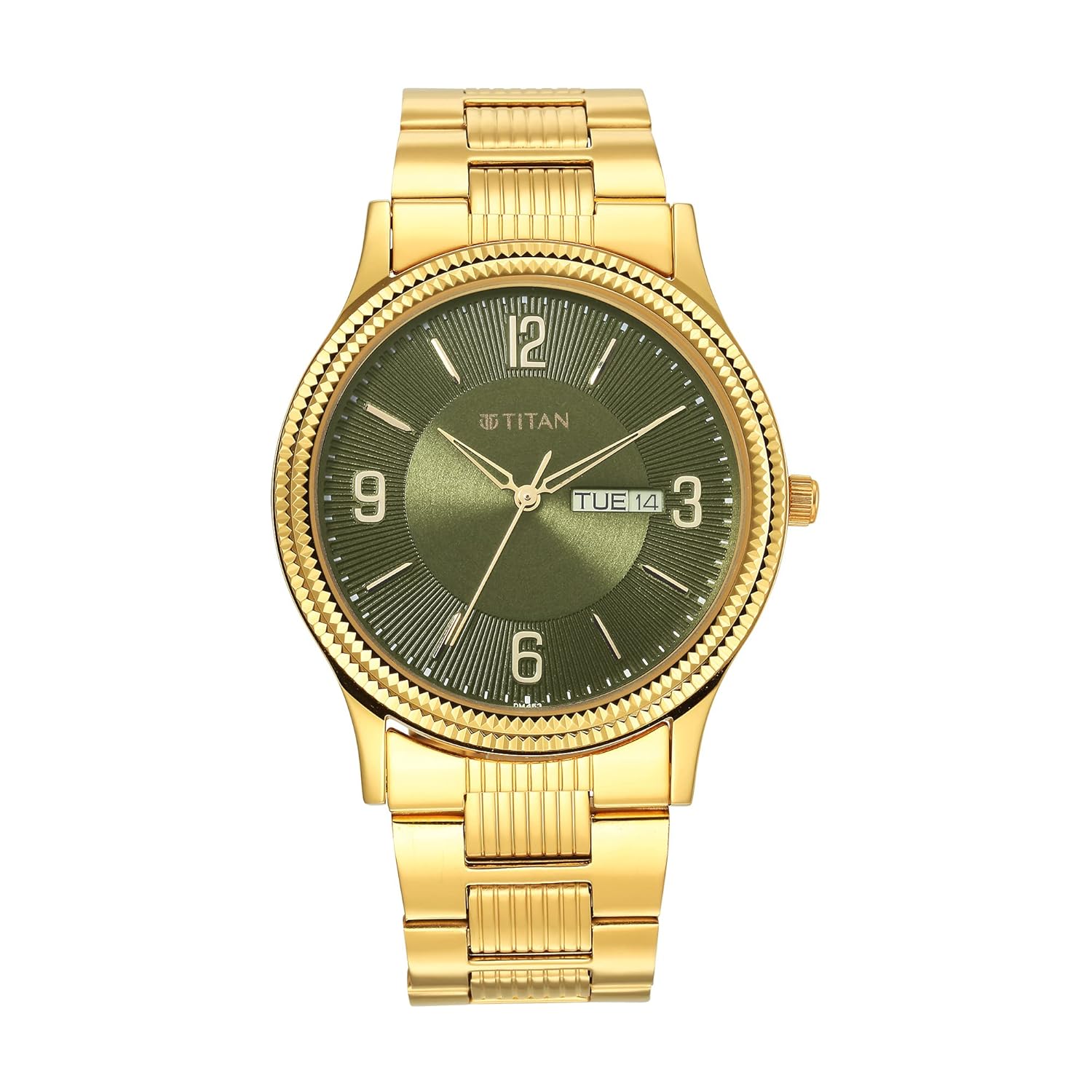 Titan Karishma Quartz Analog with Day & Date Green Dial Gold Stainless Steel Strap Watch for Men