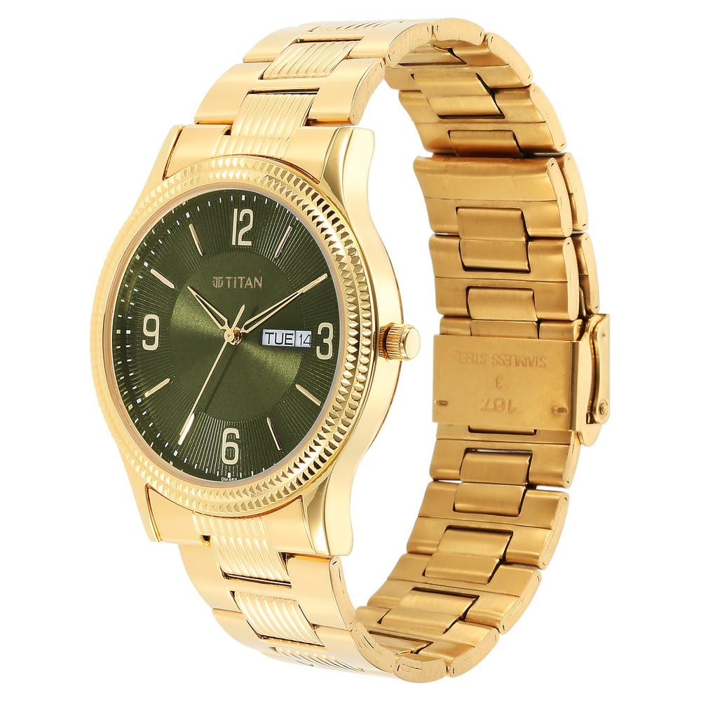 Titan Karishma Quartz Analog with Day & Date Green Dial Gold Stainless Steel Strap Watch for Men