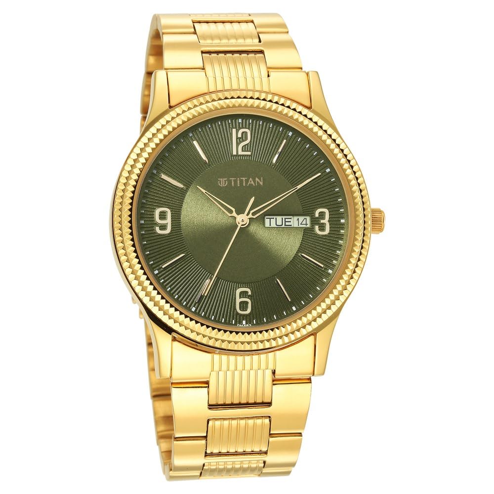 Titan Karishma Quartz Analog with Day & Date Green Dial Gold Stainless Steel Strap Watch for Men