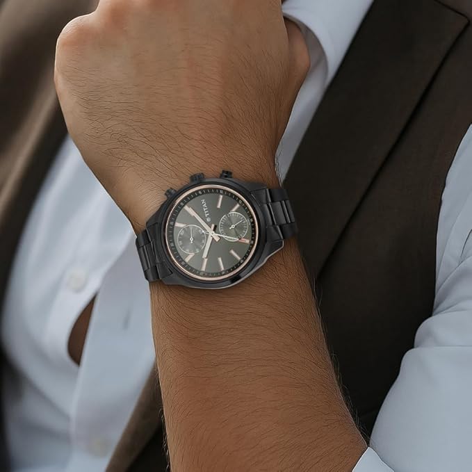 Titan Workwear Quartz Multifunction Black Dial with Black Stainless Steel Bracelet Strap Watch for Men