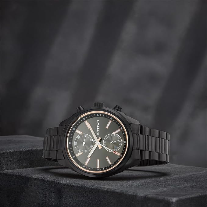 Titan Workwear Quartz Multifunction Black Dial with Black Stainless Steel Bracelet Strap Watch for Men