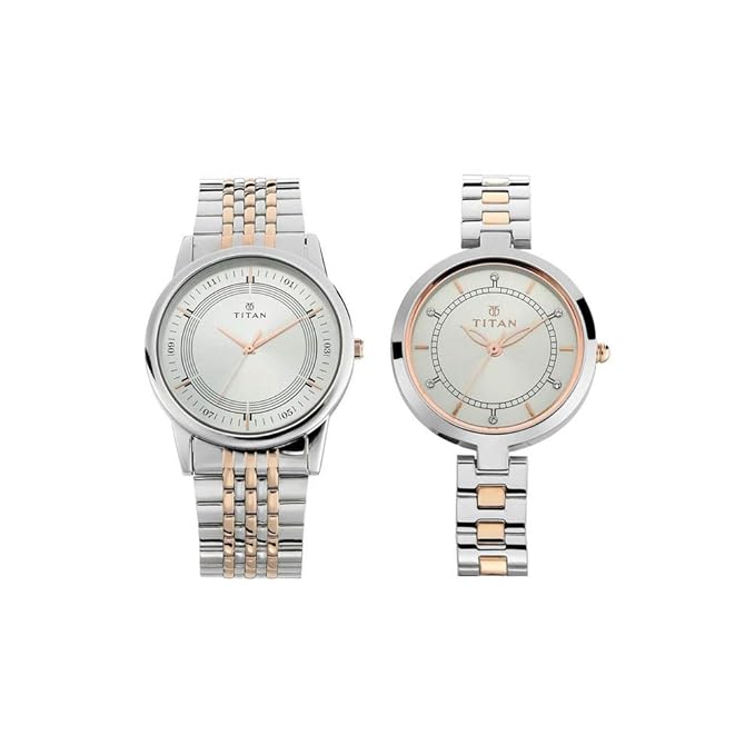 Titan Bandhan Quartz Analog Silver Dial Two Toned Silver and Rose Gold Stainless Steel Strap Watch for Couple