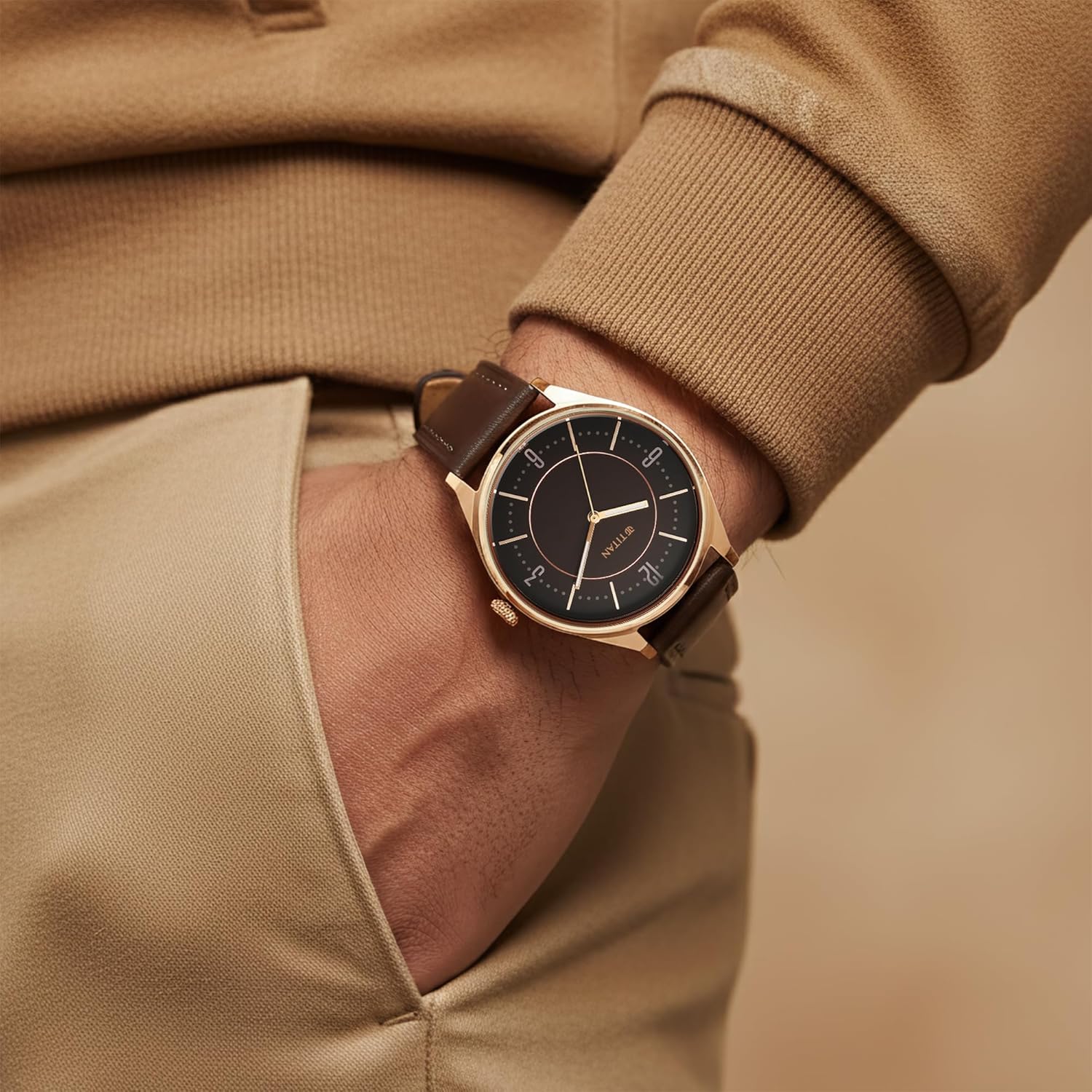 Titan Neo Basics II Quartz Brown Round Dial Men's Watch | Genuine Leather Strap Material | Watches for Men Analog