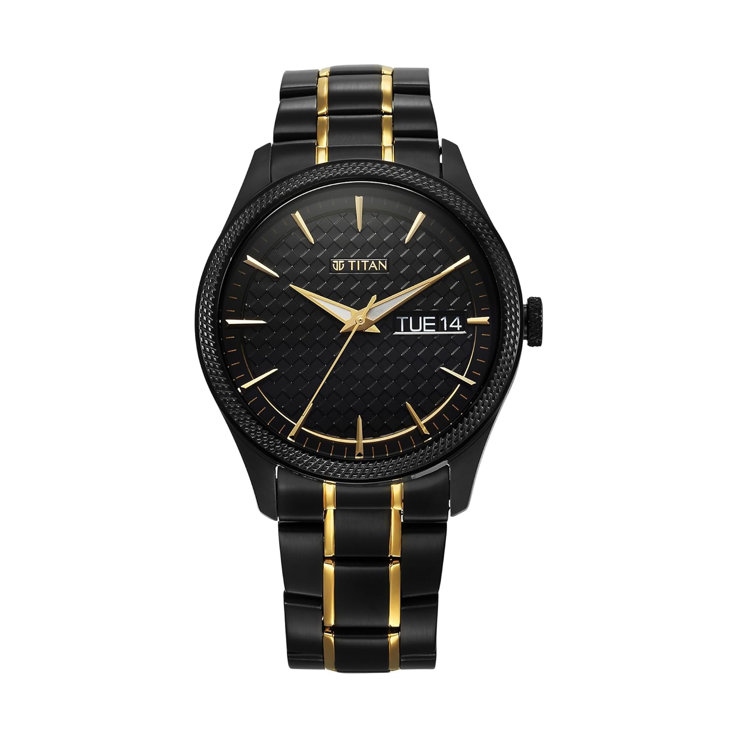 Titan Regalia Opulent Quartz Analog with Day & Date Black Dial Two Toned Black & Gold Stainless Steel Strap Watch for Men
