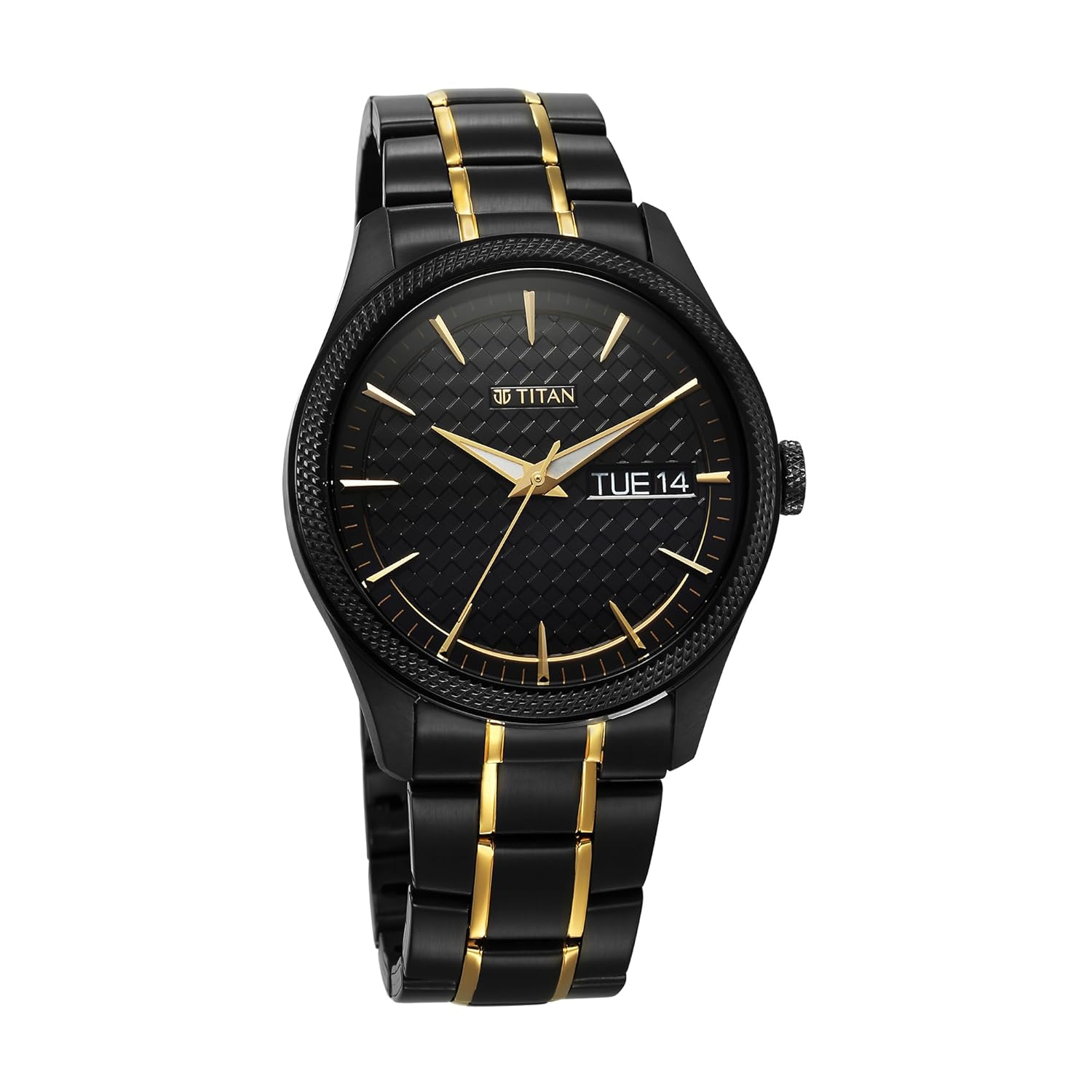 Titan Regalia Opulent Quartz Analog with Day & Date Black Dial Two Toned Black & Gold Stainless Steel Strap Watch for Men