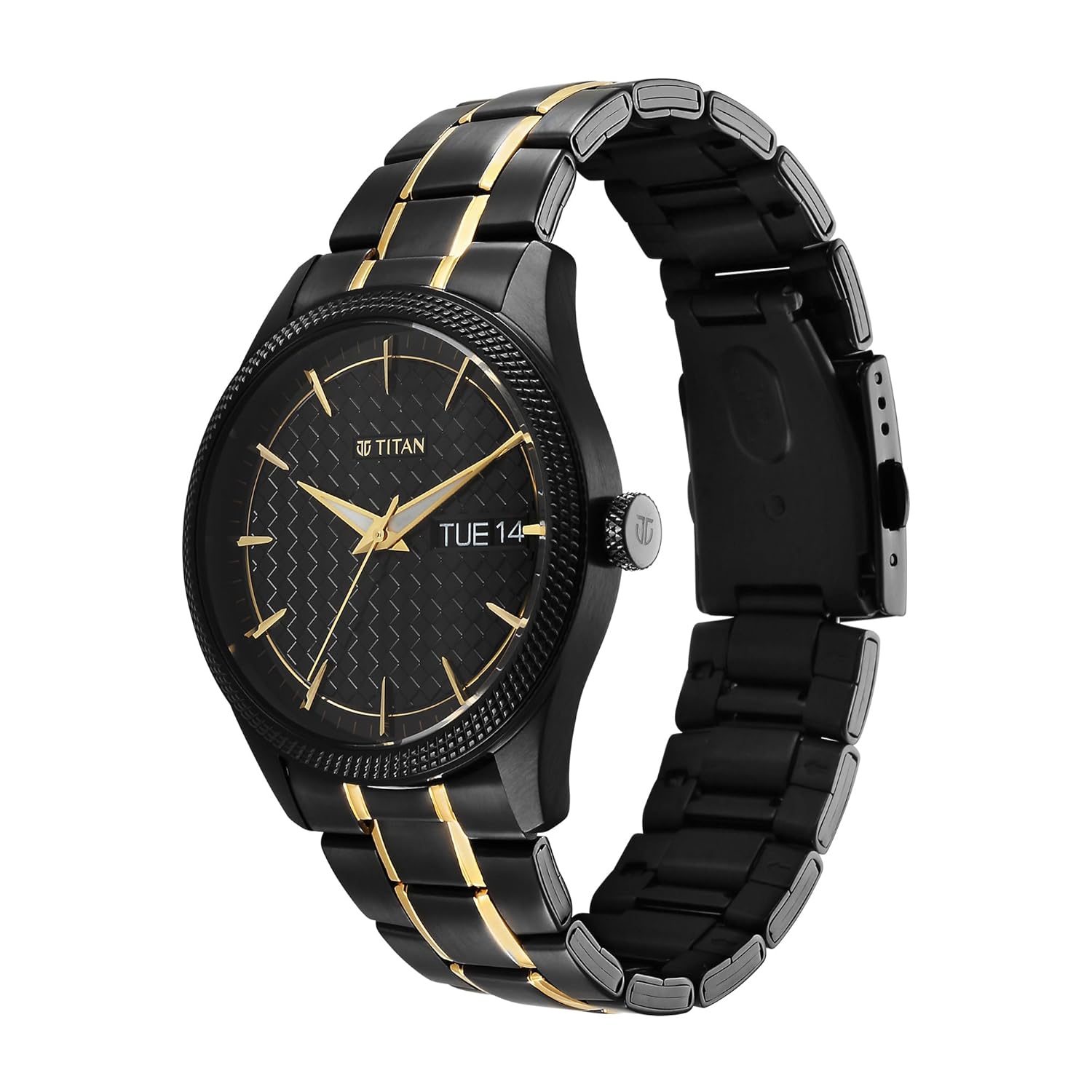 Titan Regalia Opulent Quartz Analog with Day & Date Black Dial Two Toned Black & Gold Stainless Steel Strap Watch for Men