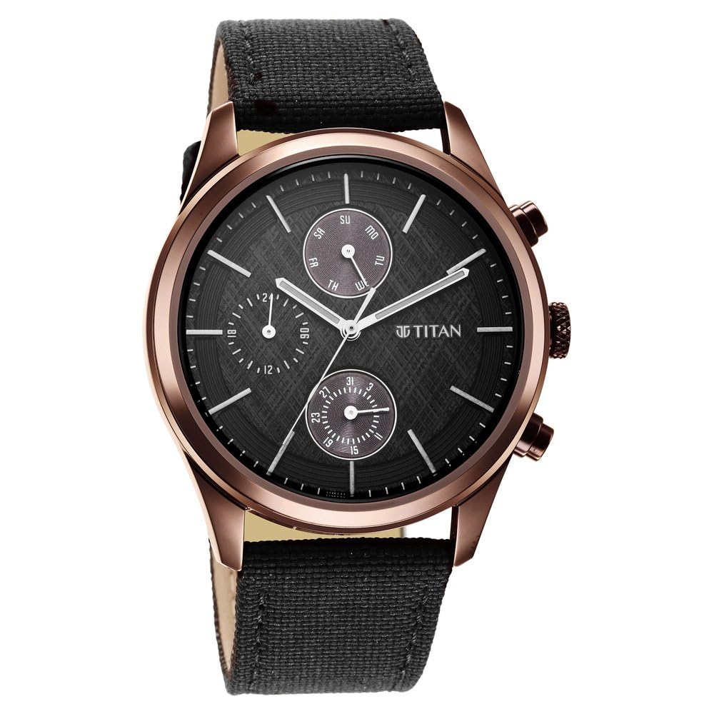 Titan Neo Splash Quartz Multifunction Black Dial Black Leather Strap Watch for Men