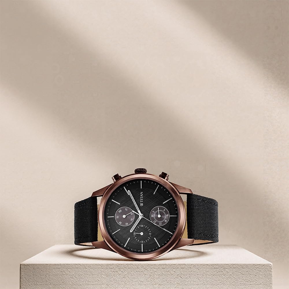 Titan Neo Splash Quartz Multifunction Black Dial Black Leather Strap Watch for Men