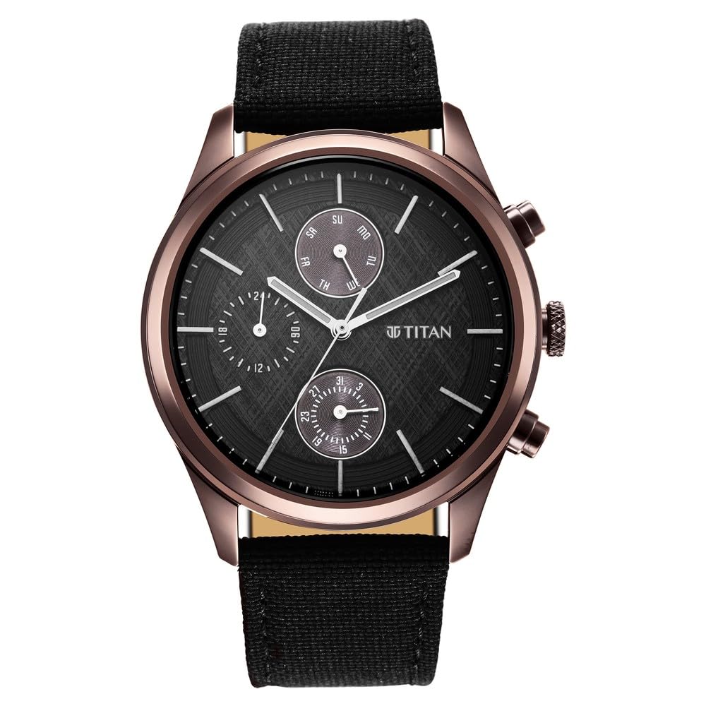 Titan Neo Splash Quartz Multifunction Black Dial Black Leather Strap Watch for Men