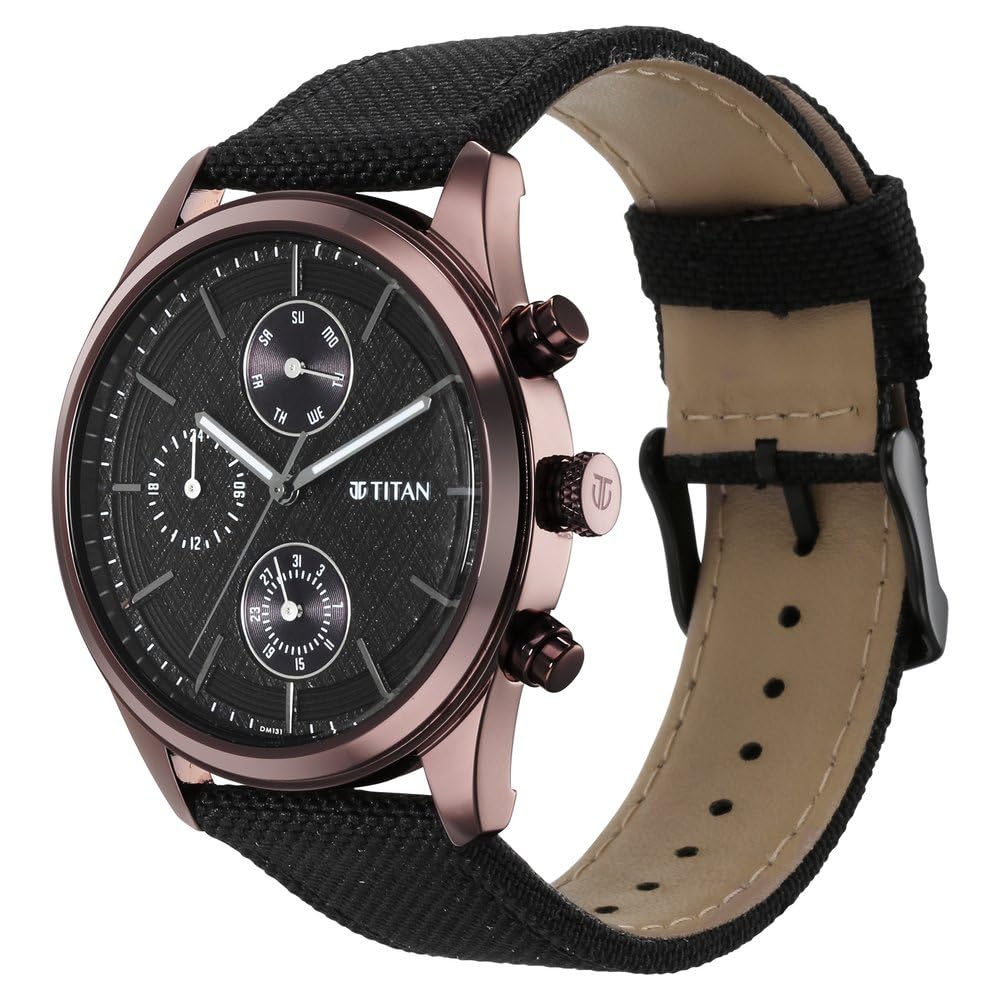Titan Neo Splash Quartz Multifunction Black Dial Black Leather Strap Watch for Men