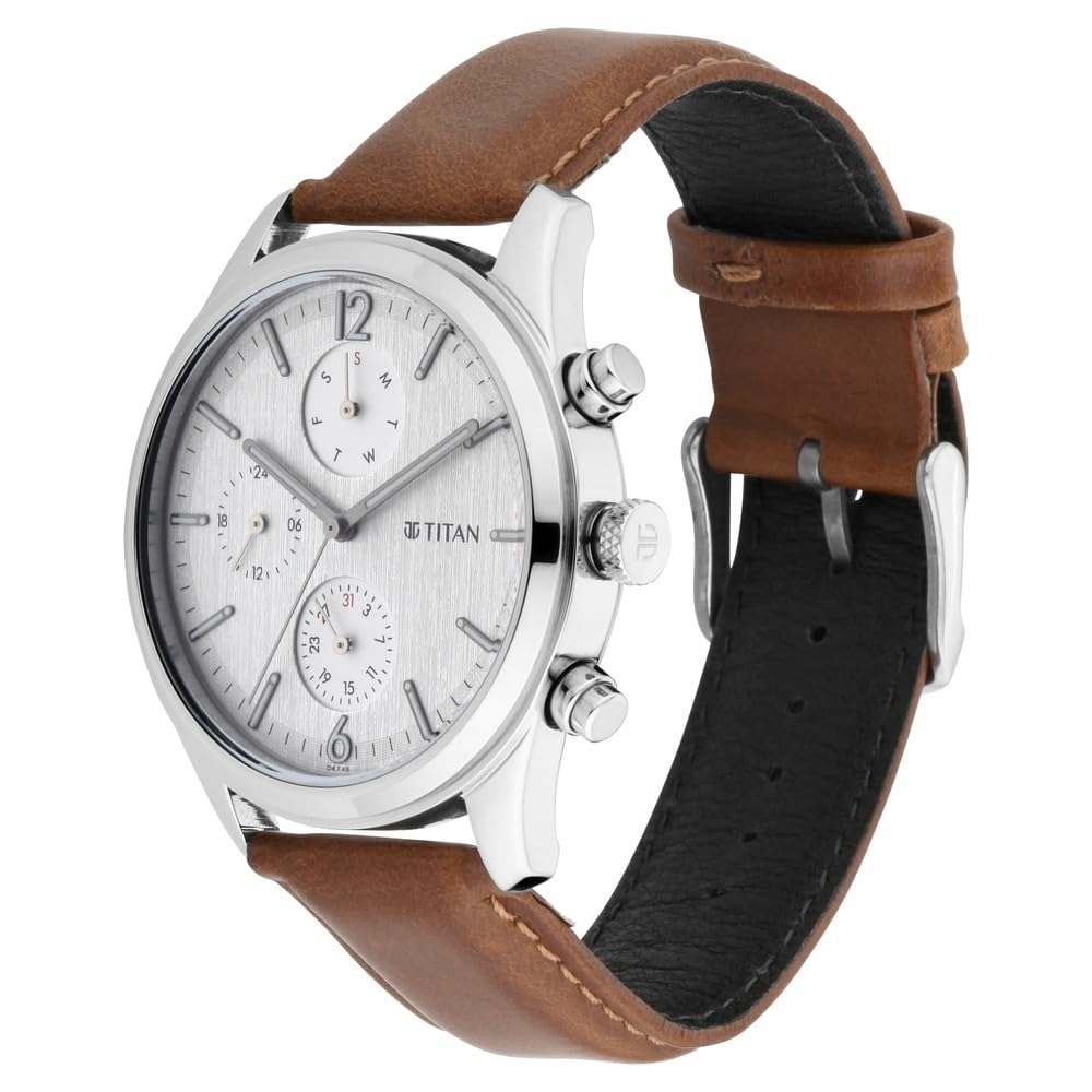 Titan Men's Metropolitan Charm: Men's Multifunctional Black Watch with Leather Strap