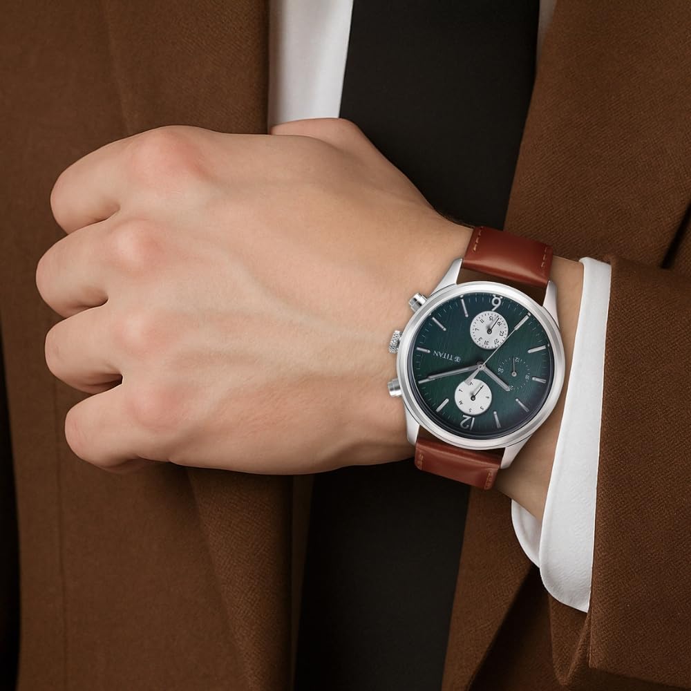 Titan Wrist with Quartz Multifunction Teal Green Dial Brown Leather Strap Watch for Men
