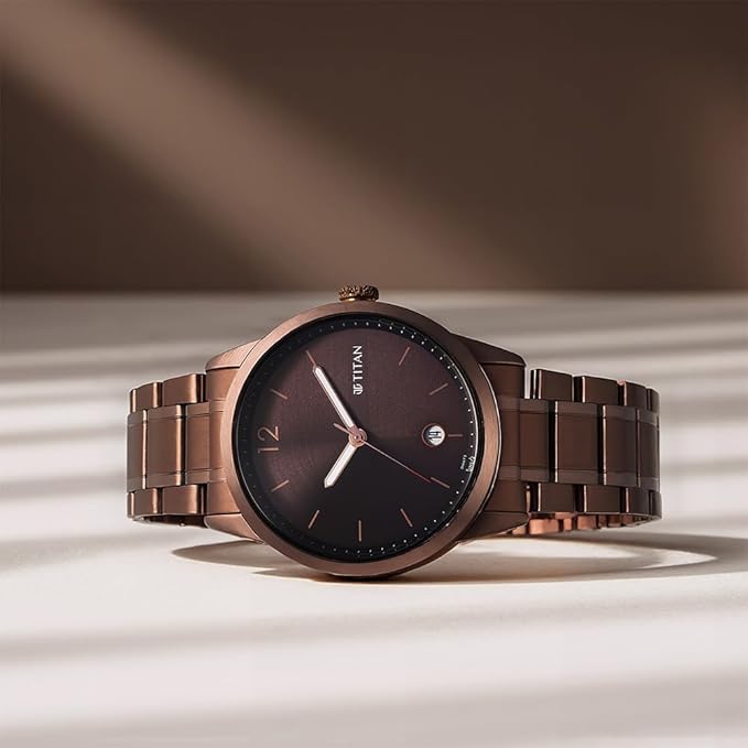 Titan Neo Splash Quartz Analog with Date Brown Dial Metallic Brown Stainless Steel Strap Watch for Men