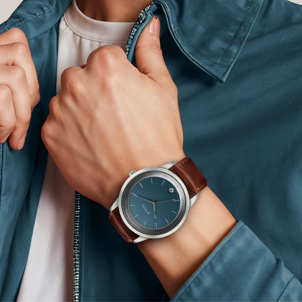 Titan Wrist with Quartz Analog with Date Blue Dial Brown Leather Strap Watch for Men