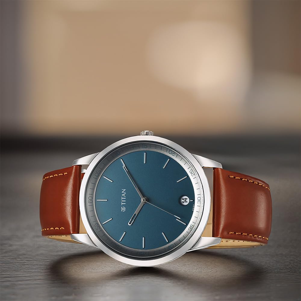 Titan Wrist with Quartz Analog with Date Blue Dial Brown Leather Strap Watch for Men