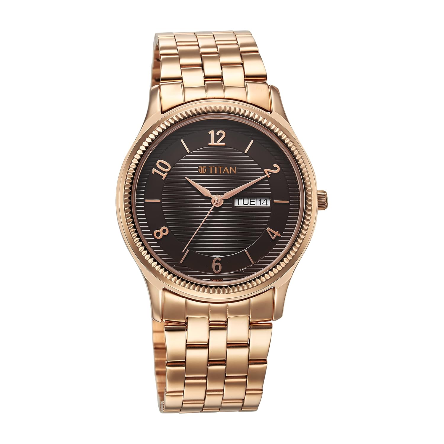 Titan Karishma Quartz Analog with Day & Date Brown Dial Rose Gold Stainless Steel Strap Watch for Men