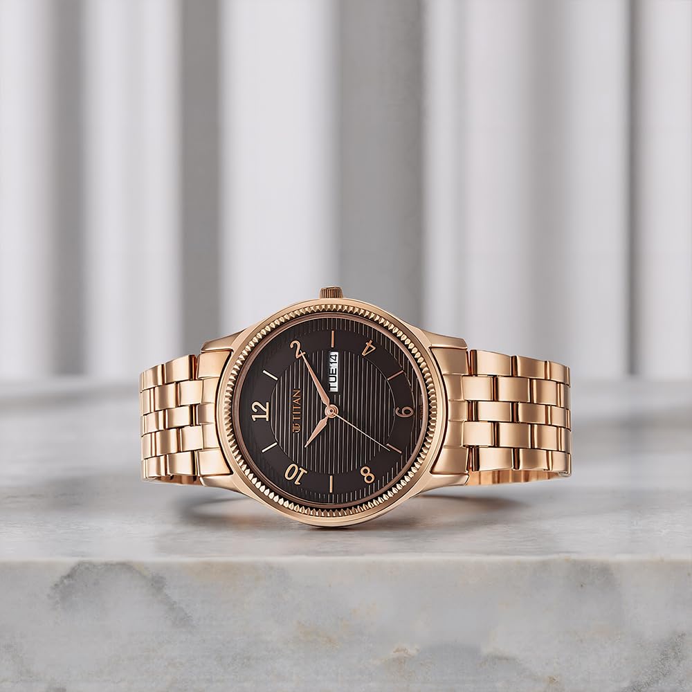 Titan Karishma Quartz Analog with Day & Date Brown Dial Rose Gold Stainless Steel Strap Watch for Men