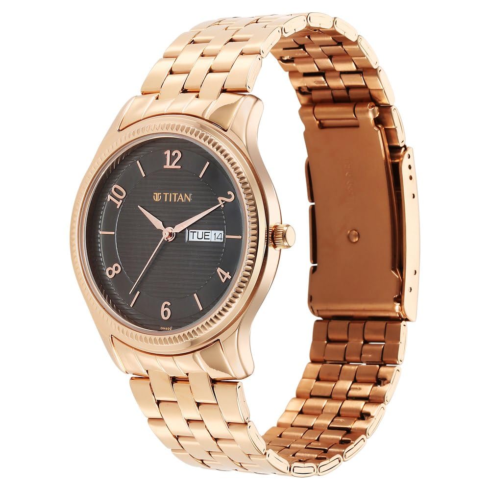 Titan Karishma Quartz Analog with Day & Date Brown Dial Rose Gold Stainless Steel Strap Watch for Men