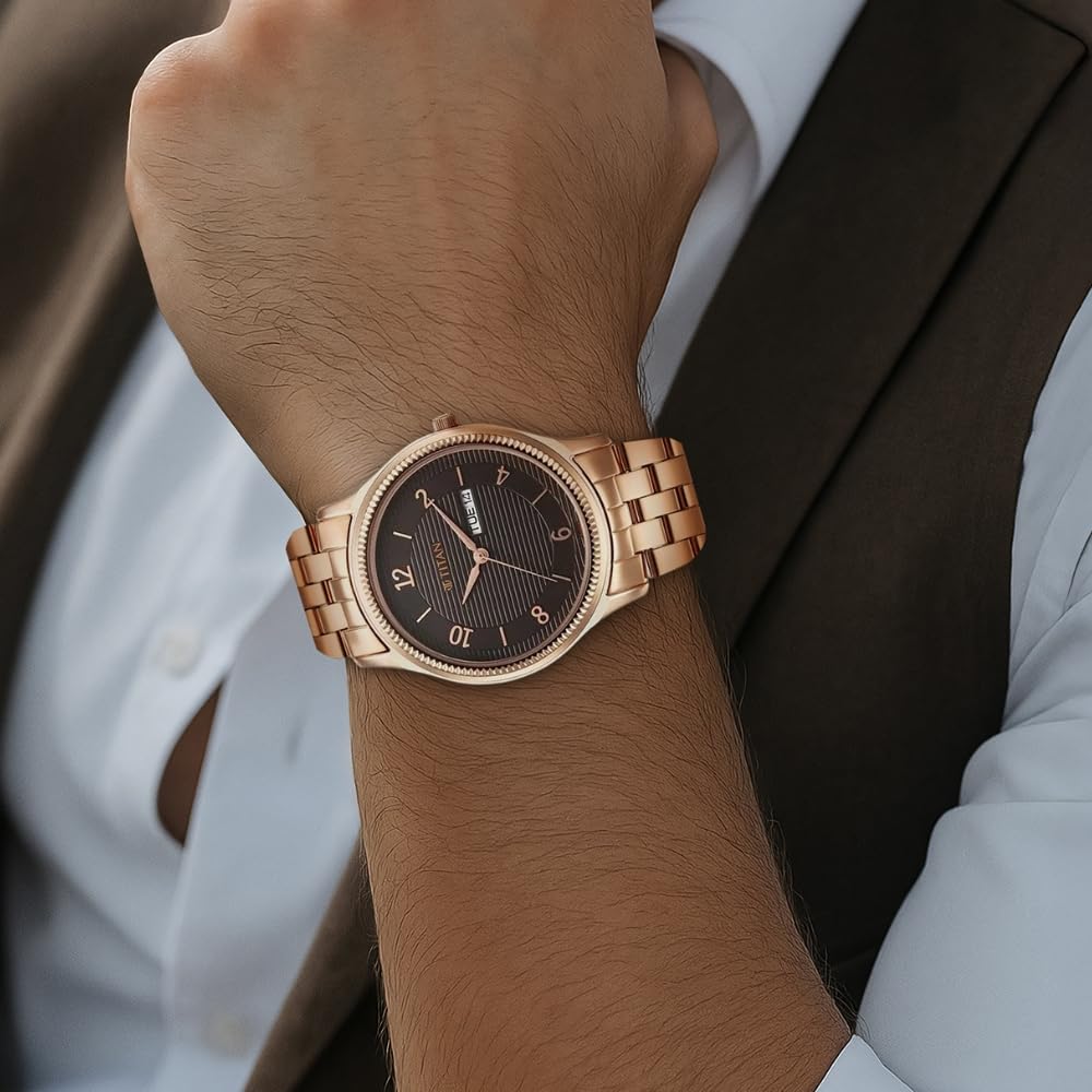 Titan Karishma Quartz Analog with Day & Date Brown Dial Rose Gold Stainless Steel Strap Watch for Men