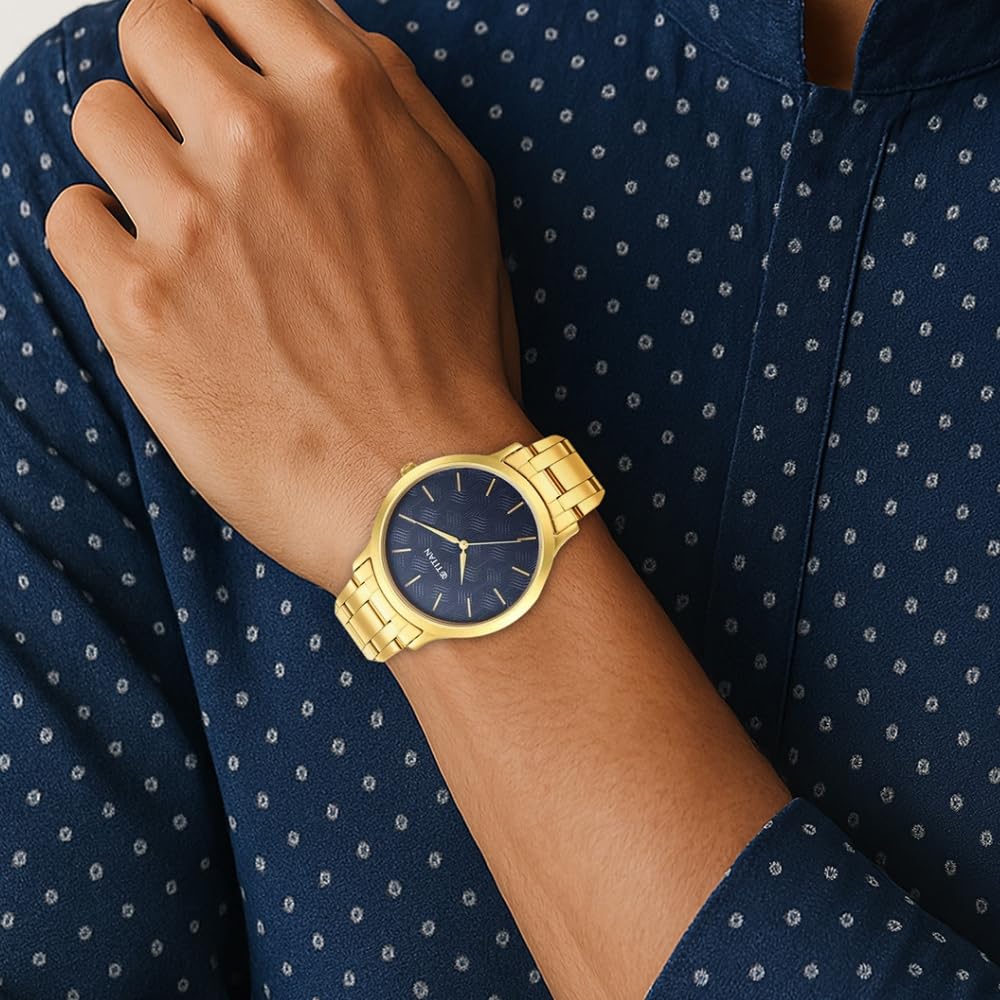 Titan Karishma Quartz Analog Blue Dial Gold Stainless Steel Strap Watch for Men