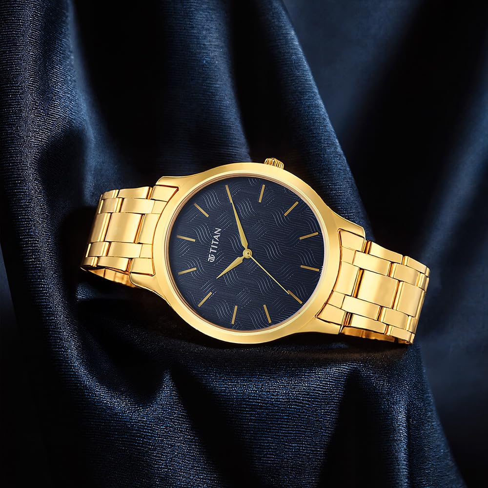 Titan Karishma Quartz Analog Blue Dial Gold Stainless Steel Strap Watch for Men