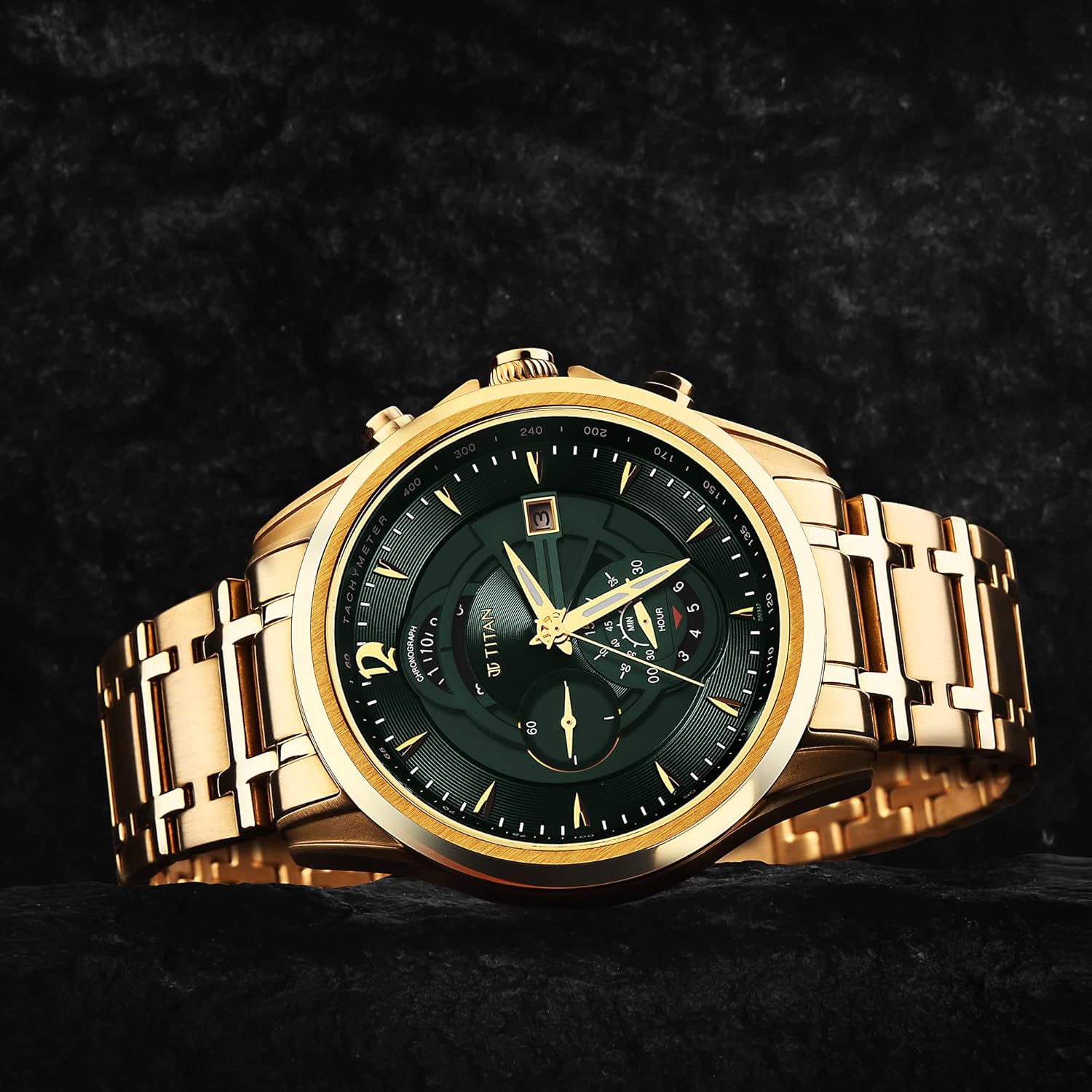 Titan Regalia Premium Quartz Chronograph with Date Forest Green Dial Gold Stainless Steel Strap Watch for Men