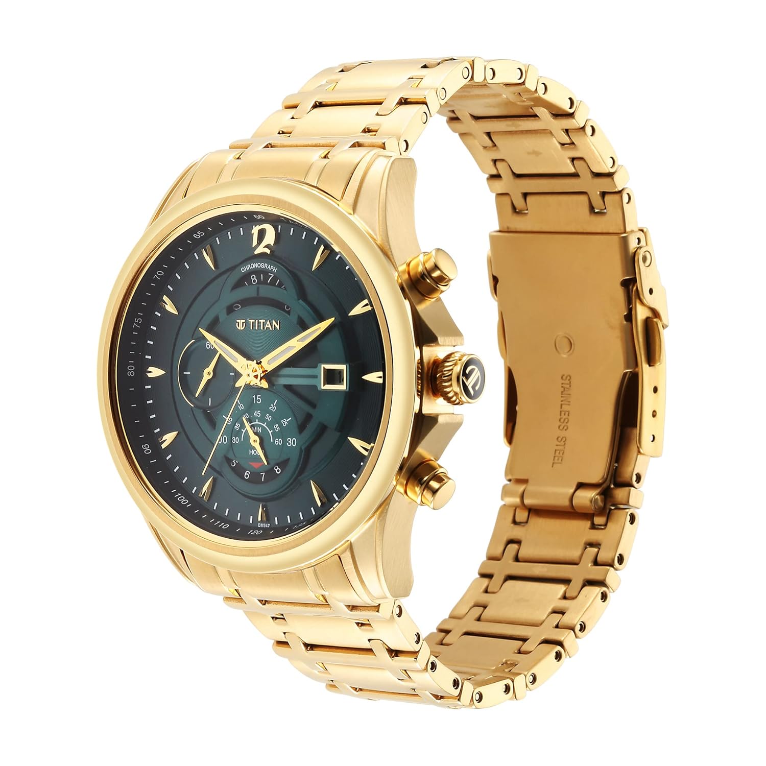Titan Regalia Premium Quartz Chronograph with Date Forest Green Dial Gold Stainless Steel Strap Watch for Men