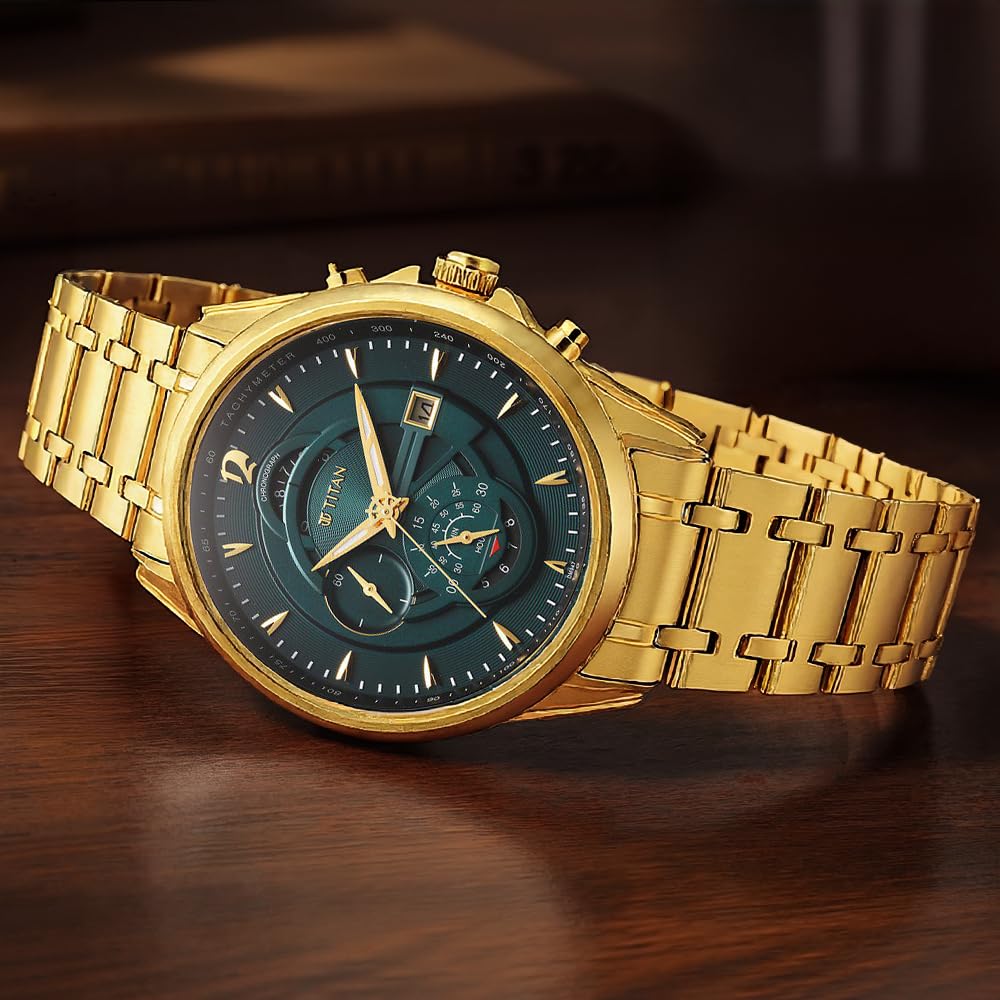 Titan Regalia Premium Quartz Chronograph with Date Forest Green Dial Gold Stainless Steel Strap Watch for Men