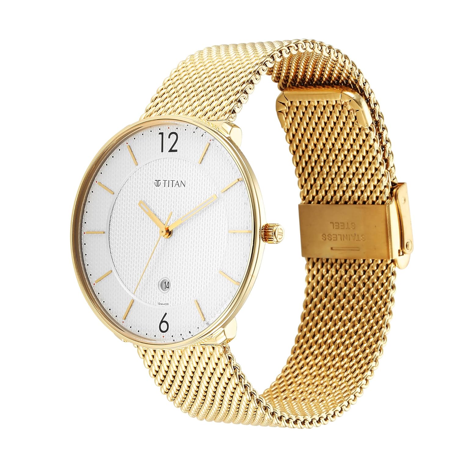 Titan Black & Gold Quartz Analog with Date White Dial Gold Stainless Steel Strap Watch for Men